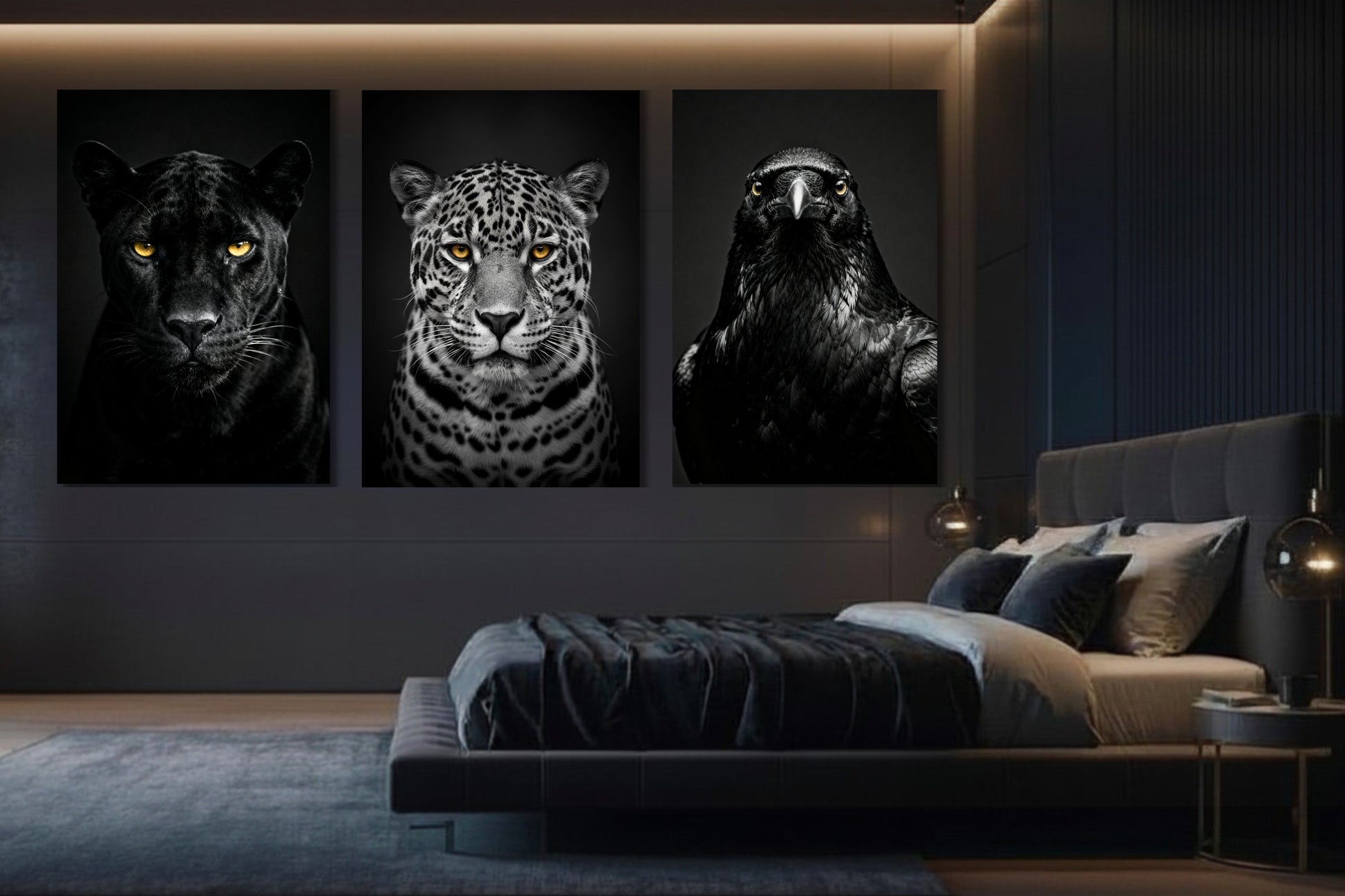 Leinwand Set mit Panther Jaguar und Rabe im Schlafzimmer mit ruhiger Bildwirkung