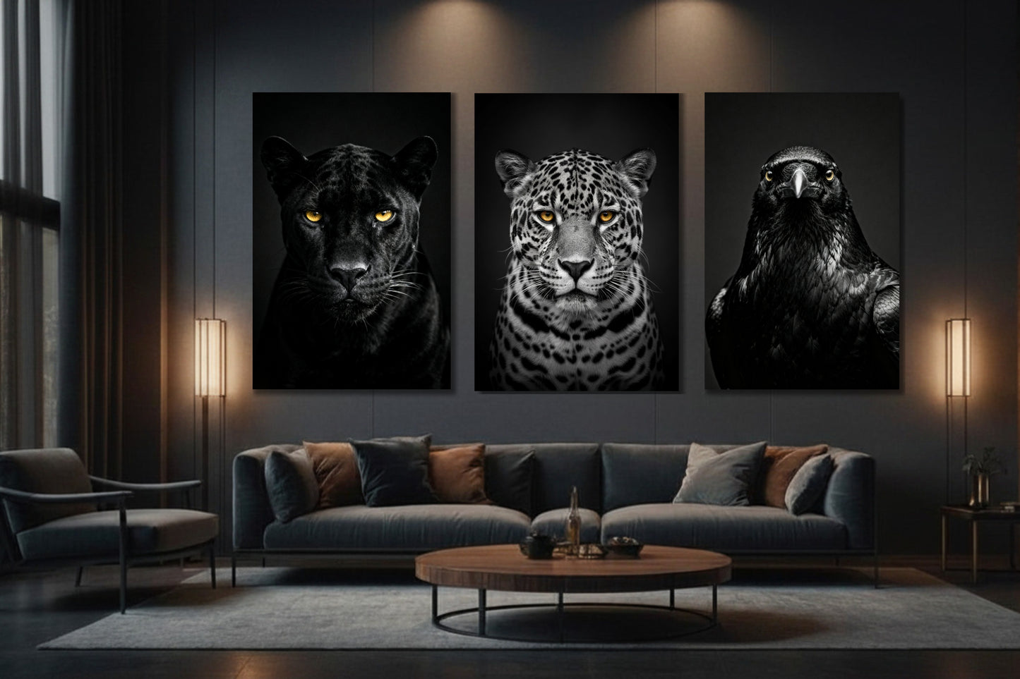 3er Leinwand Set mit Panther Jaguar und Rabe in elegantem Wohnzimmer über dem Sofa als stilvolle Wandgestaltung