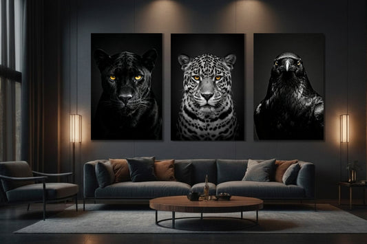 3er Leinwand Set mit Panther Jaguar und Rabe in elegantem Wohnzimmer über dem Sofa als stilvolle Wandgestaltung