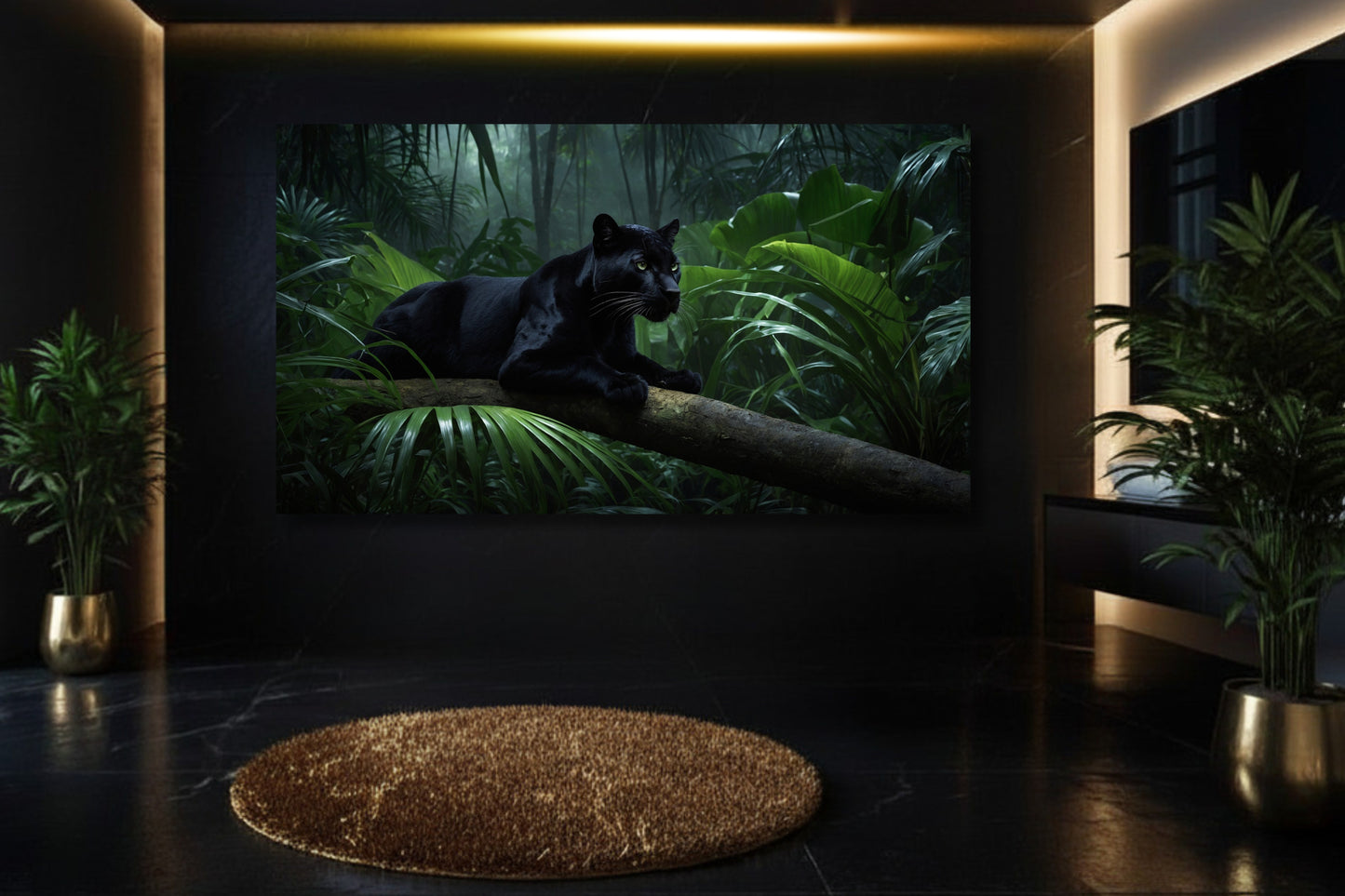 Schwarzer Panther im Regenwald auf einem Palmenstamm als Poster Wandkunst in elegantem Badezimmer mit Grünpflanzen, dunkler Wand und Goldakzenten