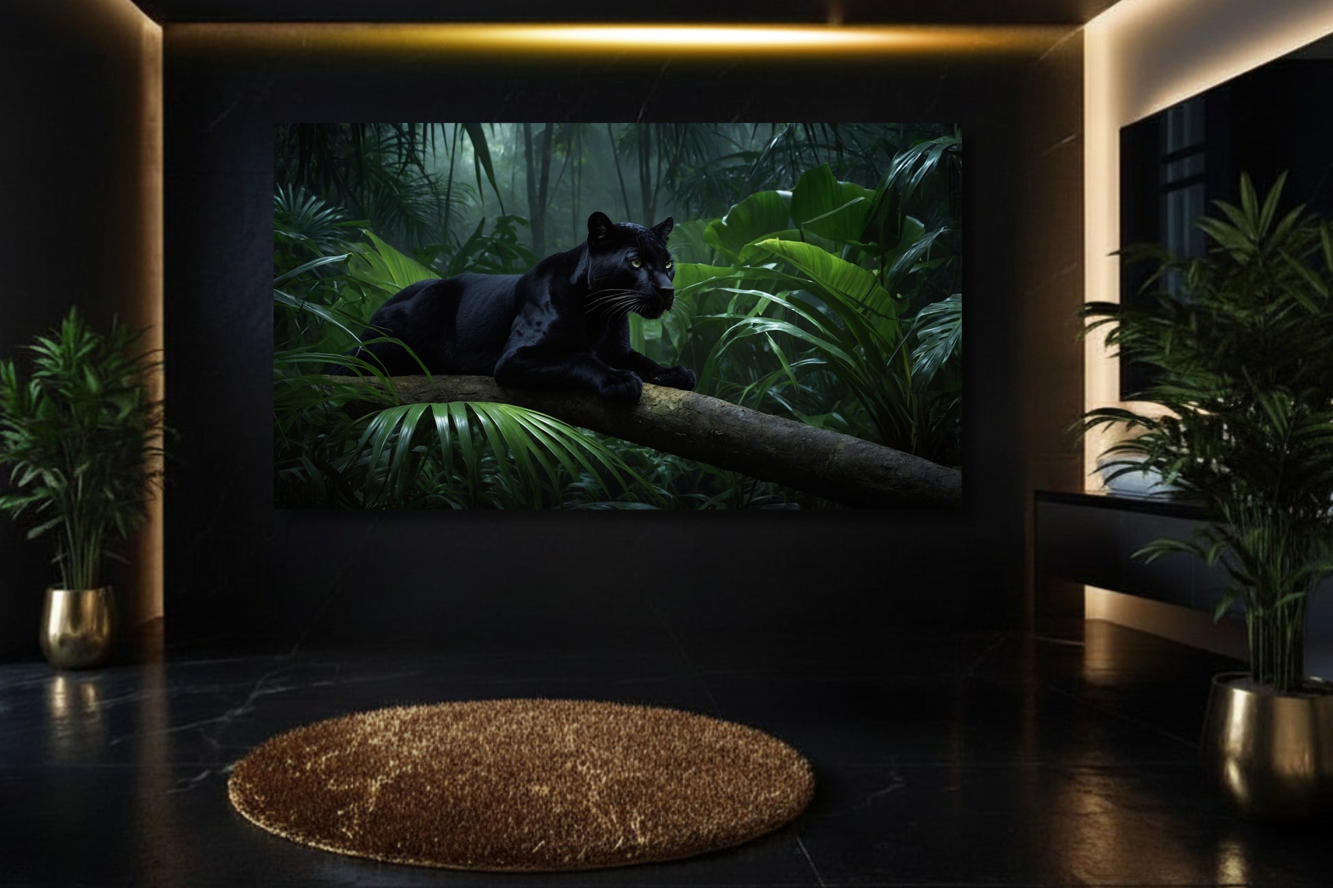 Schwarzer Panther im Regenwald auf einem Palmenstamm als Poster Wandkunst in elegantem Badezimmer mit Grünpflanzen, dunkler Wand und Goldakzenten