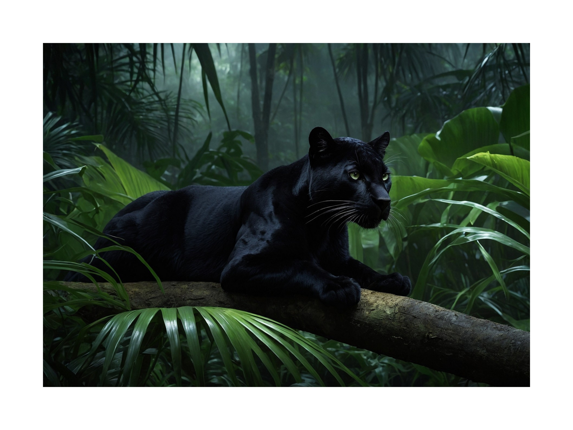 Freigestellter schwarzer Panther im Regenwald mit grünen Augen als Poster Motiv
