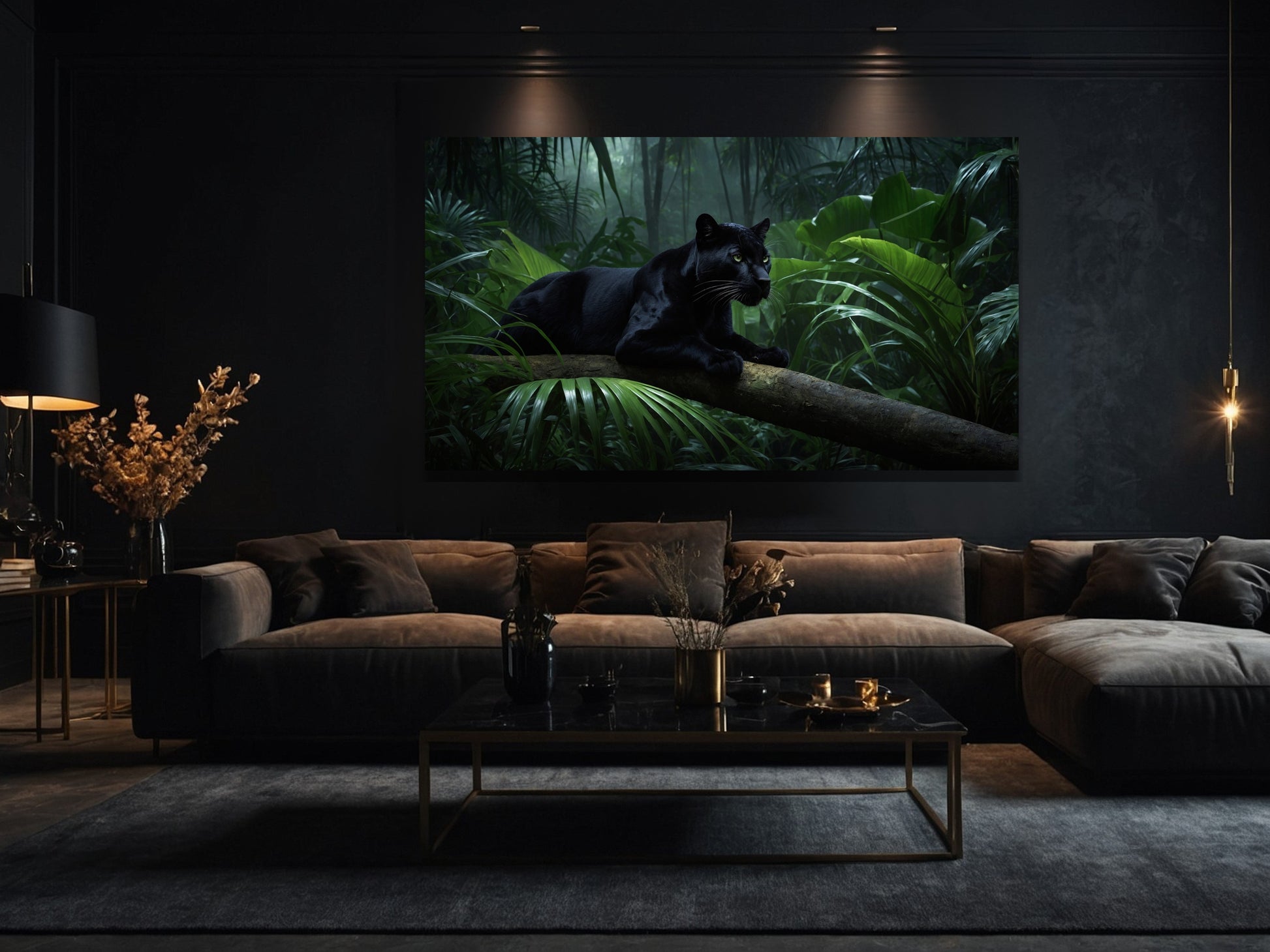 Schwarzer Panther im Regenwald auf einem Palmenstamm als Poster Wandkunst in stilvollem Wohnzimmer an dunkler Wand über einem großen Sofa