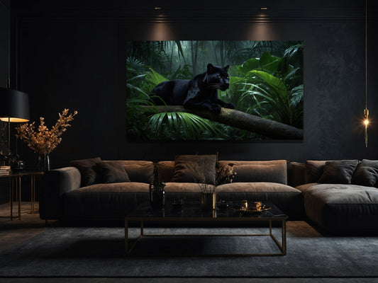 Schwarzer Panther im Regenwald auf einem Palmenstamm als Poster Wandkunst in stilvollem Wohnzimmer an dunkler Wand über einem großen Sofa