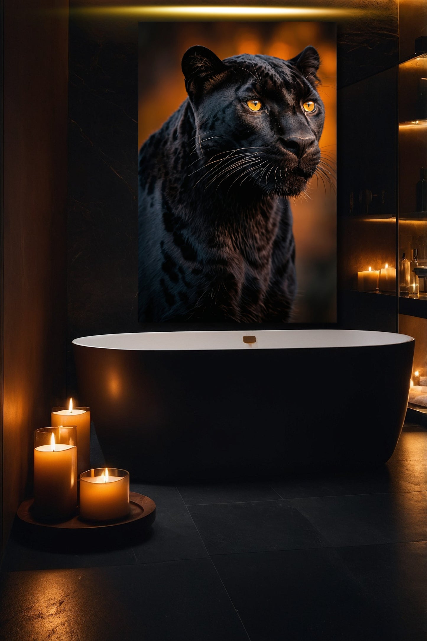 Schwarzer Panther als Wandkunst auf Leinwand 40x60 Zoll im stilvollen Badezimmer mit Kerzenlicht