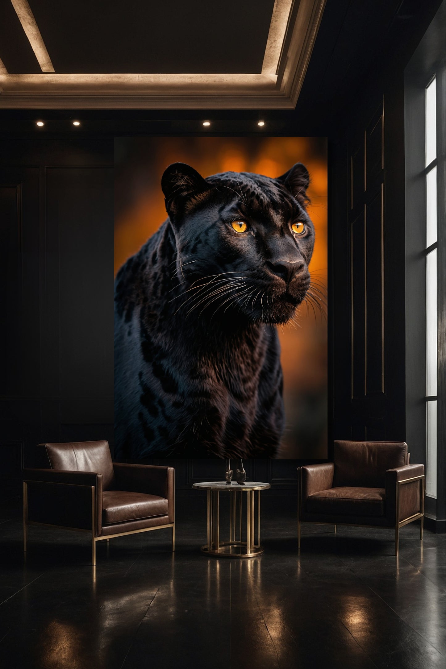 Panther Wandbild auf Leinwand 40x60 Zoll in moderner Galerie mit dunklem Raum und gezielter Beleuchtung