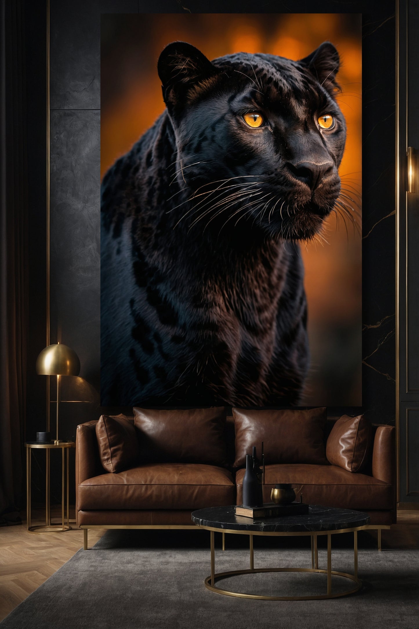 Schwarzer Panther Wandkunst auf Leinwand 40x60 Zoll im Wohnzimmer mit warmem Licht und eleganter Einrichtung