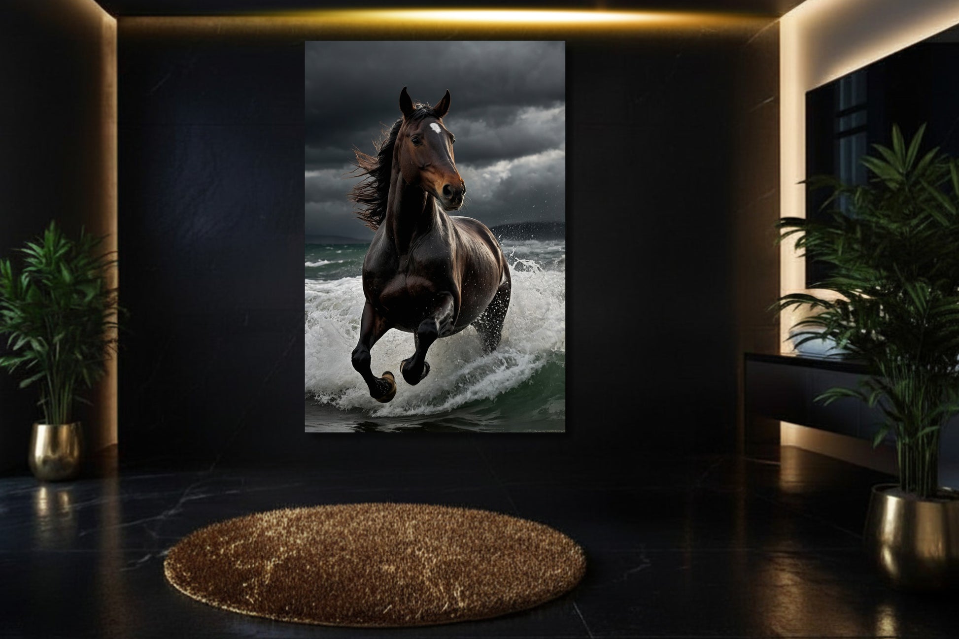 Pferd im Sturm als Wandkunst Poster in luxuriösem Badezimmer mit dunkler Wand, Grünpflanzen und Goldakzenten