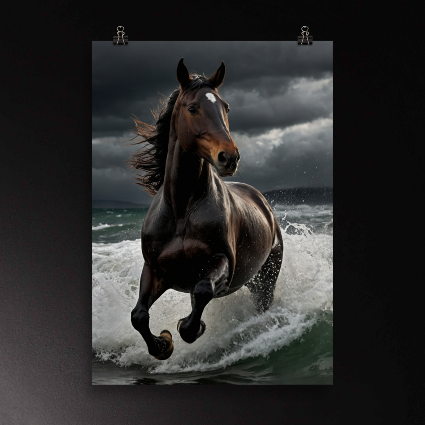 Pferd im Sturm über dem Meer als Wandkunst Poster mit dynamischer Bewegung und starker Naturkulisse