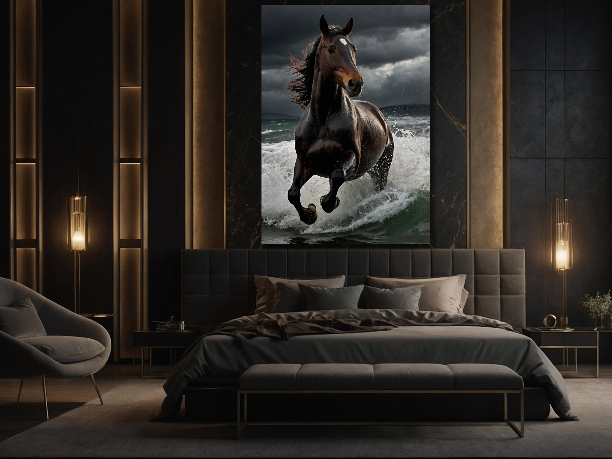 Pferd im Sturm als Wandkunst Poster im Schlafzimmer über dem Bett mit kraftvoller Bildwirkung