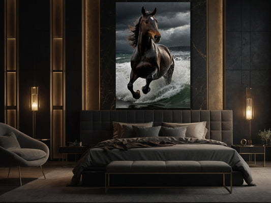 Pferd im Sturm als Wandkunst Poster im Schlafzimmer über dem Bett mit kraftvoller Bildwirkung