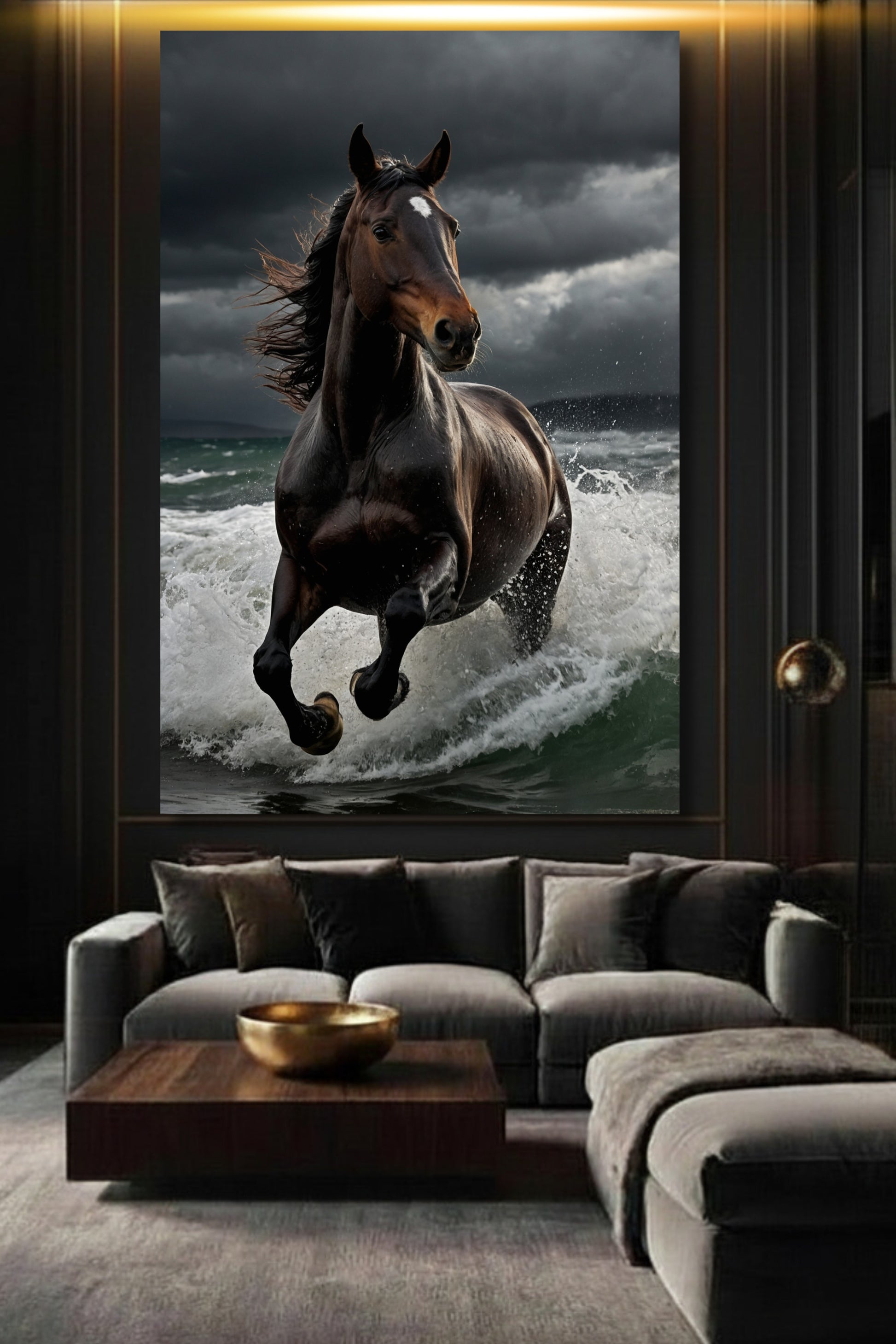 Poster mit Pferd im Sturm über dem Meer im Wohnzimmer über einem Sofa als großformatiges Motiv