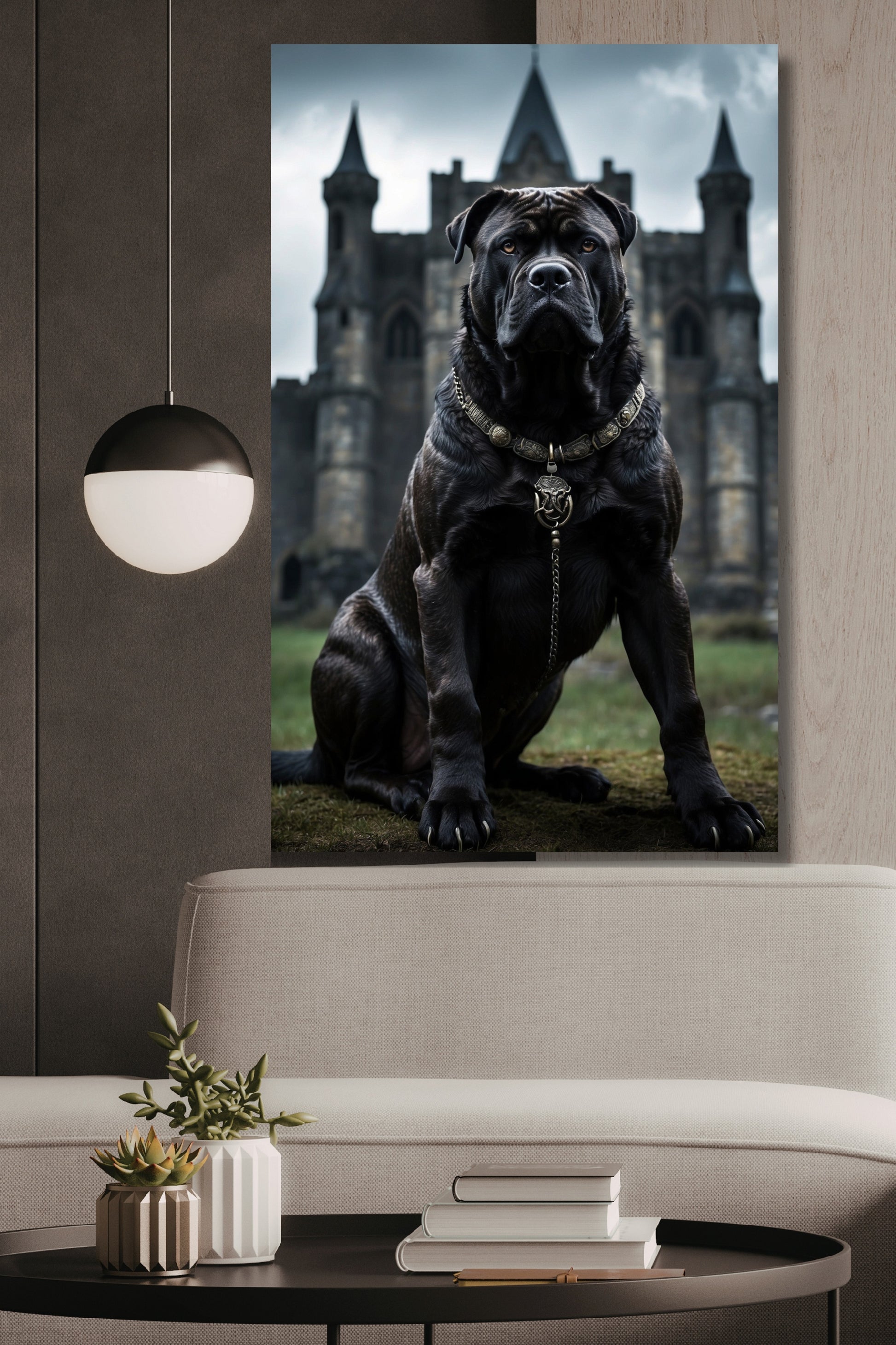 Poster Cane Corso vor alter Festung als Wandkunst über einem hellen Sofa mit Pendelleuchte und rundem Couchtisch in einem modern eingerichteten Wohnraum.