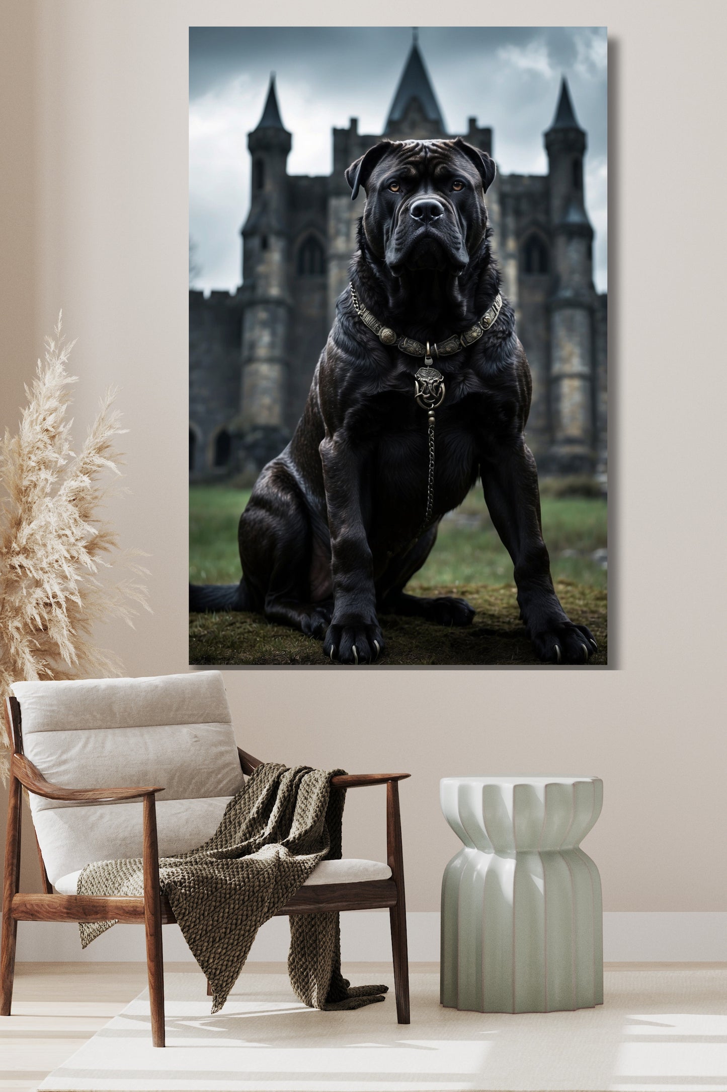 Poster Cane Corso vor alter Festung als Wandkunst über einem Holzsessel mit hellem Kissen, grünem Beistelltisch und dekorativen Trockenpflanzen vor heller Wand.