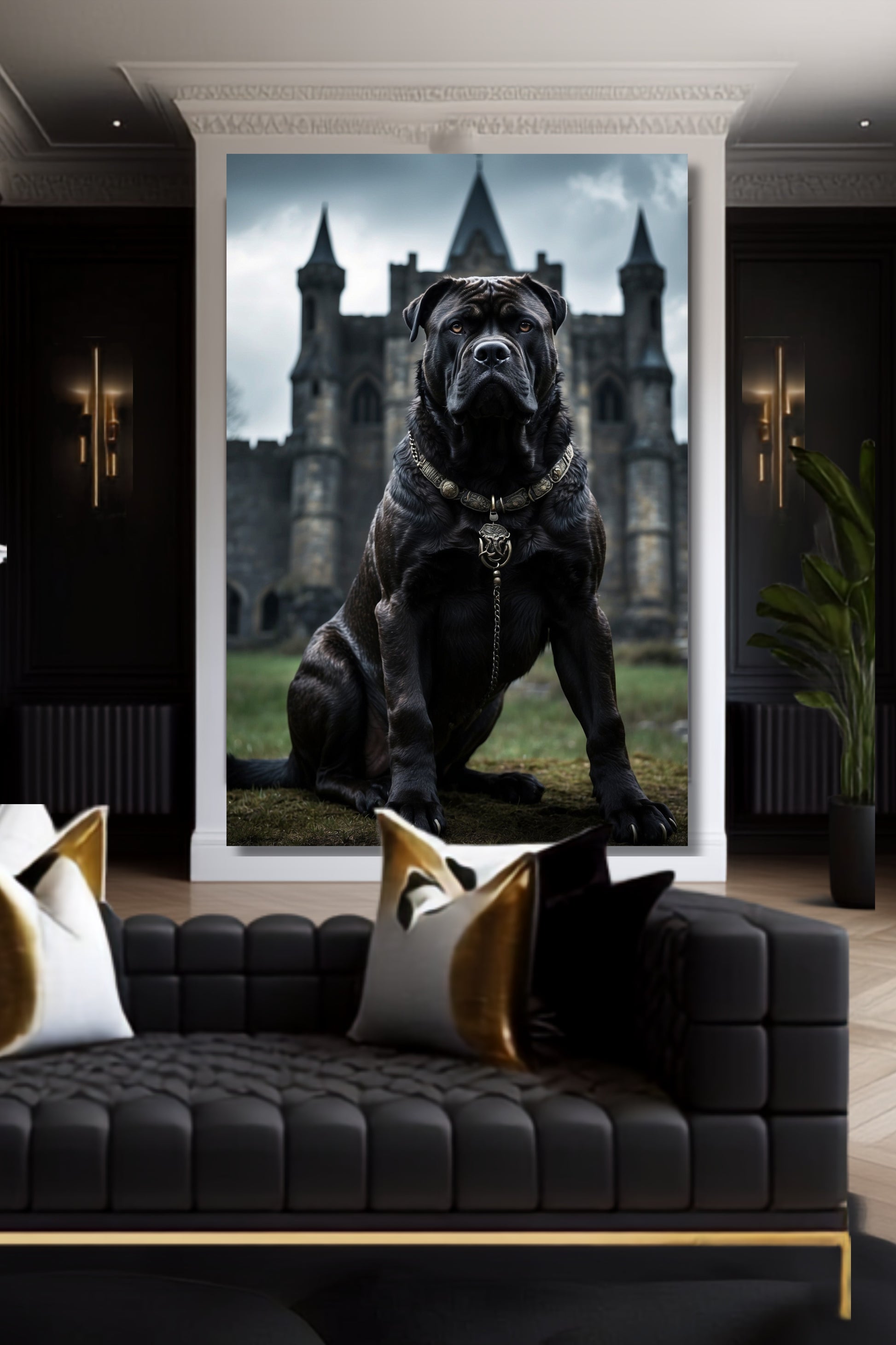 Poster Cane Corso vor alter Festung als Wandkunst über einem schwarzen Sofa mit goldenen Kissen in einem elegant gestalteten Wohnraum