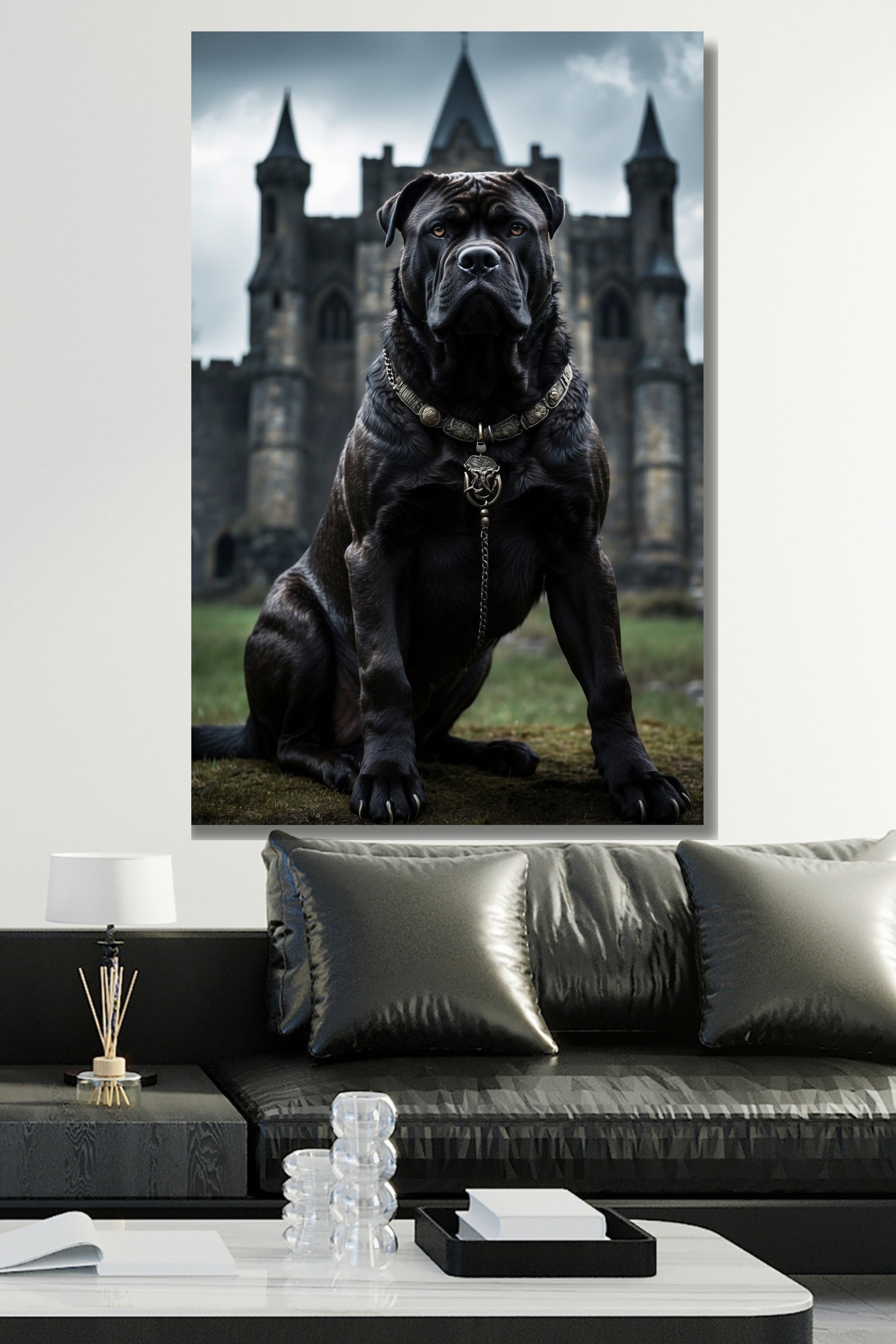 Poster Cane Corso vor alter Festung als Wandkunst über einem schwarzen Sofa mit modernem Couchtisch vor heller Wand.