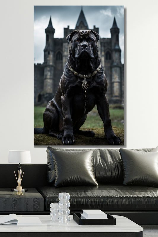 Poster Cane Corso vor alter Festung als Wandkunst über einem schwarzen Sofa mit modernem Couchtisch vor heller Wand.