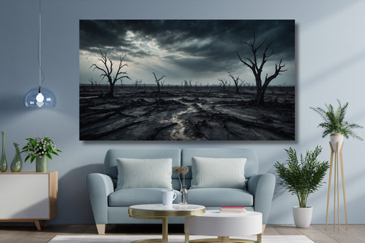 Poster einer verödeten Landschaft mit dramatischem Himmel an hellblauer Wand über einem hellblauen Sofa, Pendelleuchte und Grünpflanzen