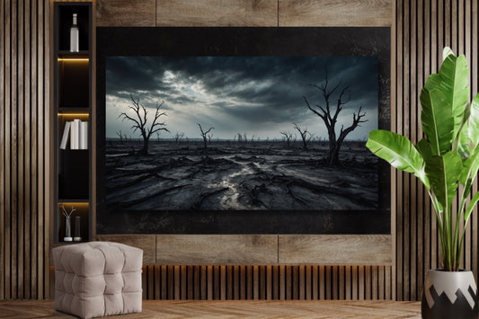 Poster einer verödeten Landschaft mit dramatischem Himmel an einer Wand aus Holzlamellen mit Regal, Sitzhocker und Grünpflanze in gemütlichem Wohnzimmer