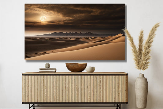 Poster einer Wüstenlandschaft im Vollmondlicht über einem Sideboard an einer weißen Wand mit stilvoller Dekoration und Pampasgras.
