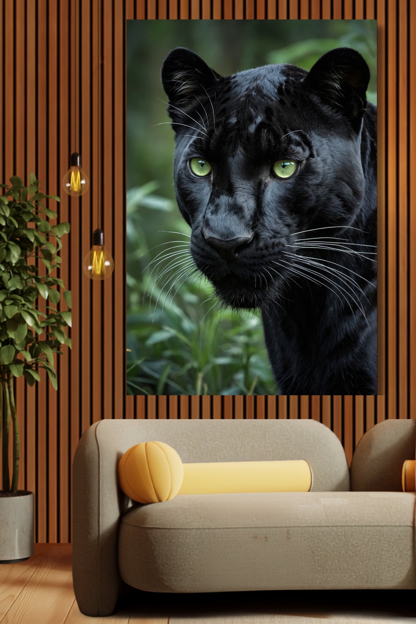 Poster eines schwarzen Panthers im Seitenprofil über einem beigen Sofa in einem modernen Wohnzimmer mit Holzlamellenwand und Zimmerpflanze.
