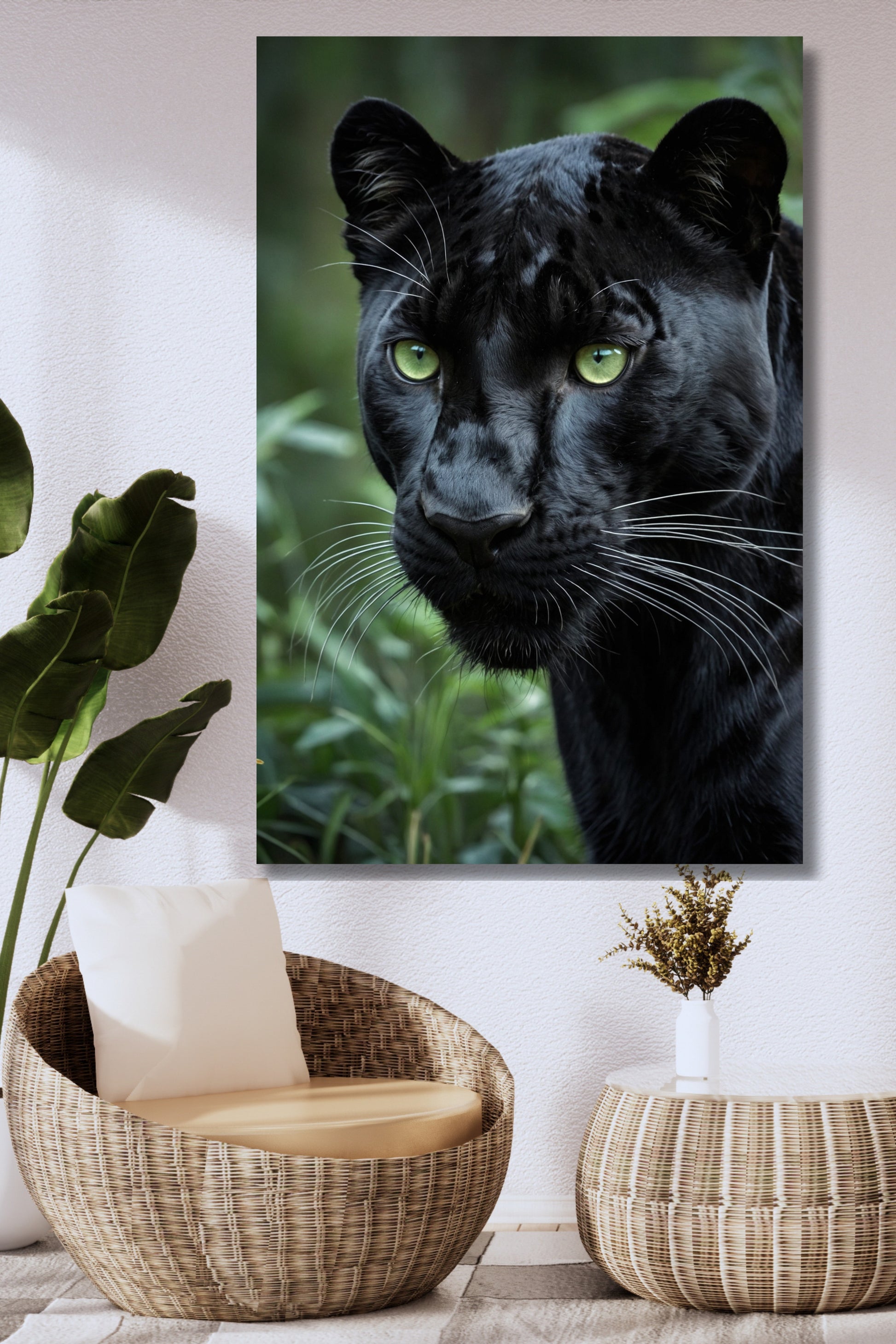 Poster eines schwarzen Panthers im Seitenprofil an einer hellen Wand in einem natürlich eingerichteten Wohnzimmer mit Korbsesseln, Korbtisch und Zimmerpflanze.