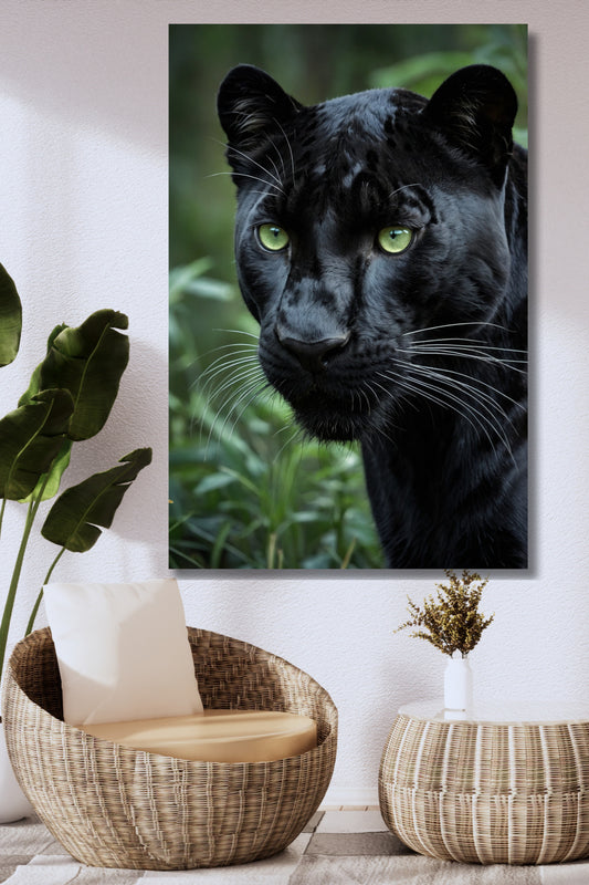 Poster eines schwarzen Panthers im Seitenprofil an einer hellen Wand in einem natürlich eingerichteten Wohnzimmer mit Korbsesseln, Korbtisch und Zimmerpflanze.