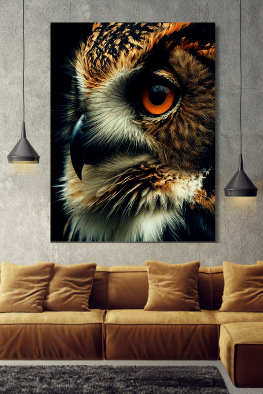 Poster einer Eule im Close up an heller Wand neben zwei Pendelleuchten über einem ockerfarbenen Ecksofa
