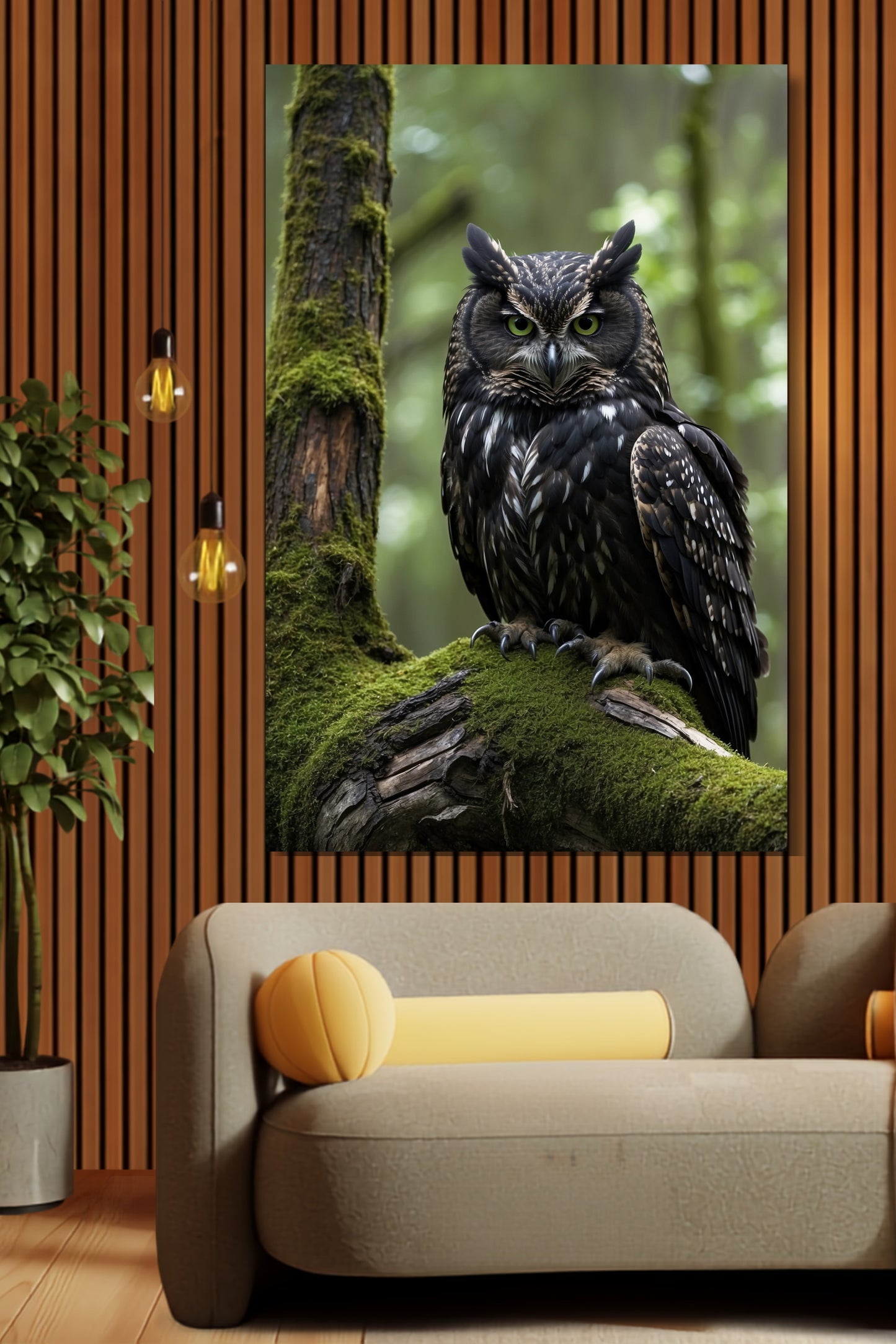 Poster Eule im moosigen Wald als Wandkunst über einem beigen Sofa vor einer Holzlamellenwand mit Zimmerpflanze und warmen Hängeleuchten.