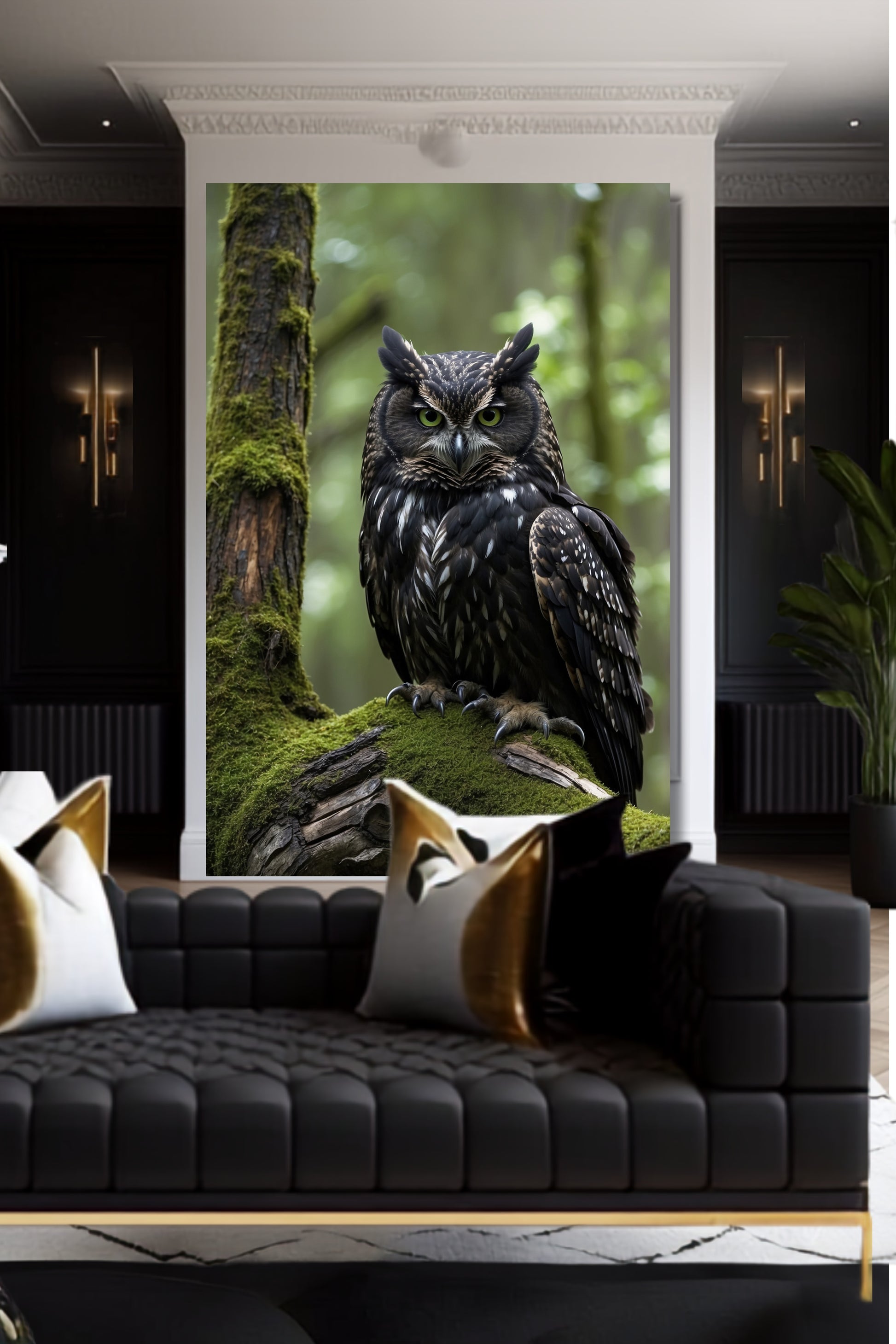 Poster Eule im moosigen Wald als Wandkunst über einem schwarzen Sofa mit goldenen Kissen in einem elegant gestalteten Wohnraum.