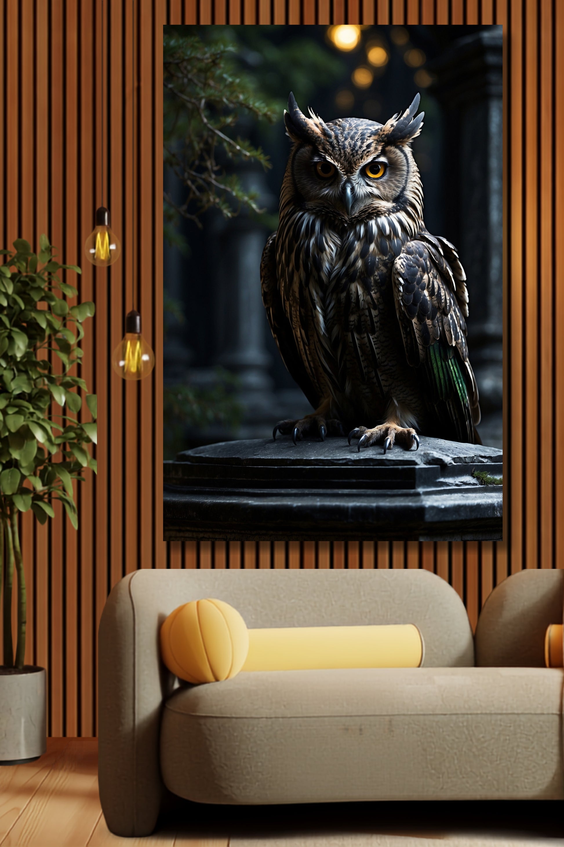 Poster Eule mit klarem Blick als Wandkunst über einem beigen Sofa vor einer Holzlamellenwand mit Zimmerpflanze und warmen Hängeleuchten.