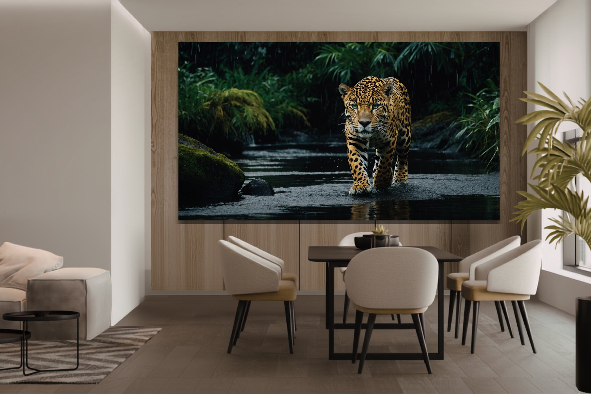 Poster eines Jaguars mit grünen Augen in dunklem Wasser an einer Wand aus Holz über einem Esstisch mit vier hellen Stühlen 