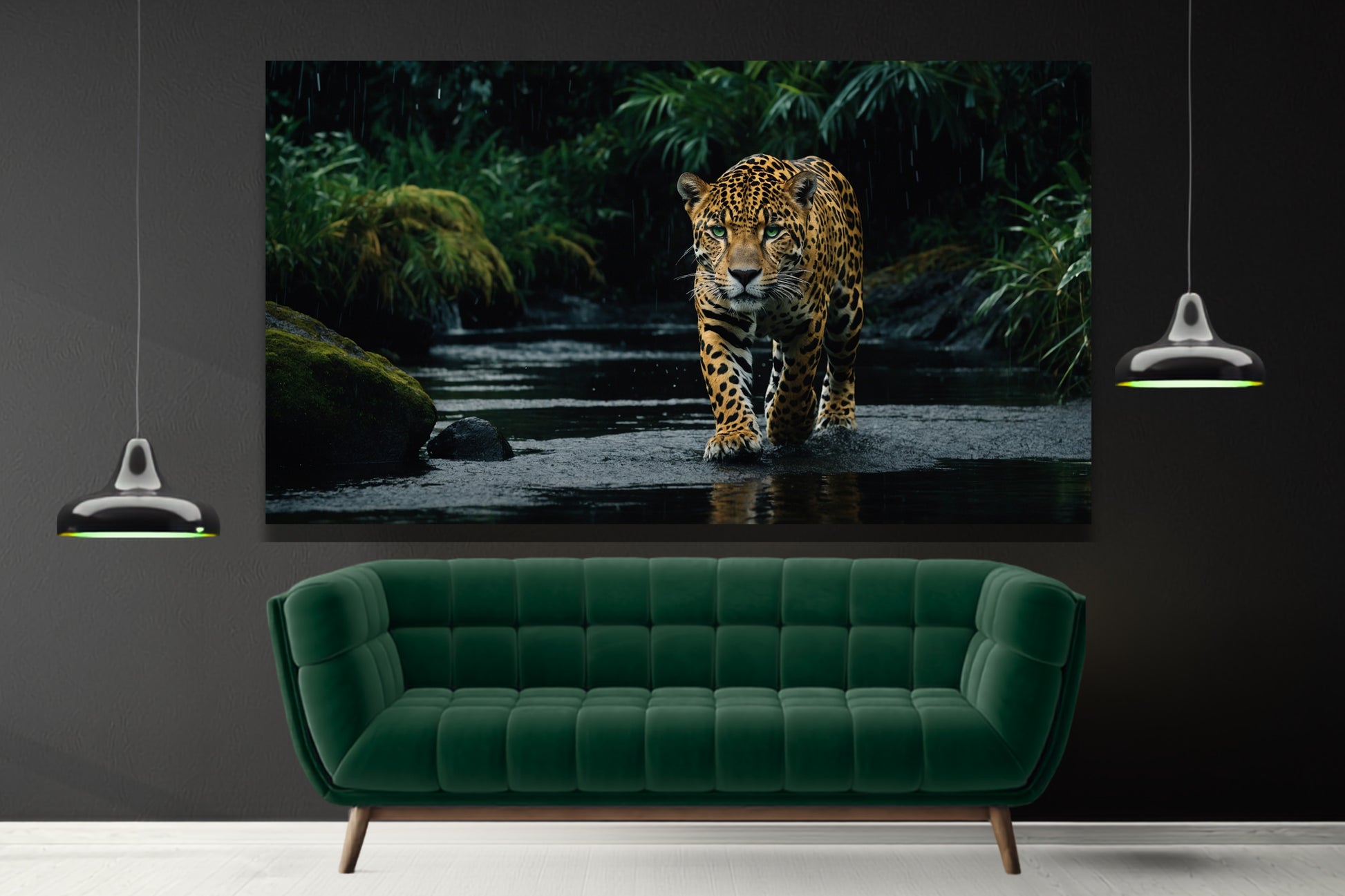 Poster eines Jaguars mit grünen Augen im dunklen Wasser an grauer Wand neben zwei Pendelleuchten über einem smaragdgrünen Sofa