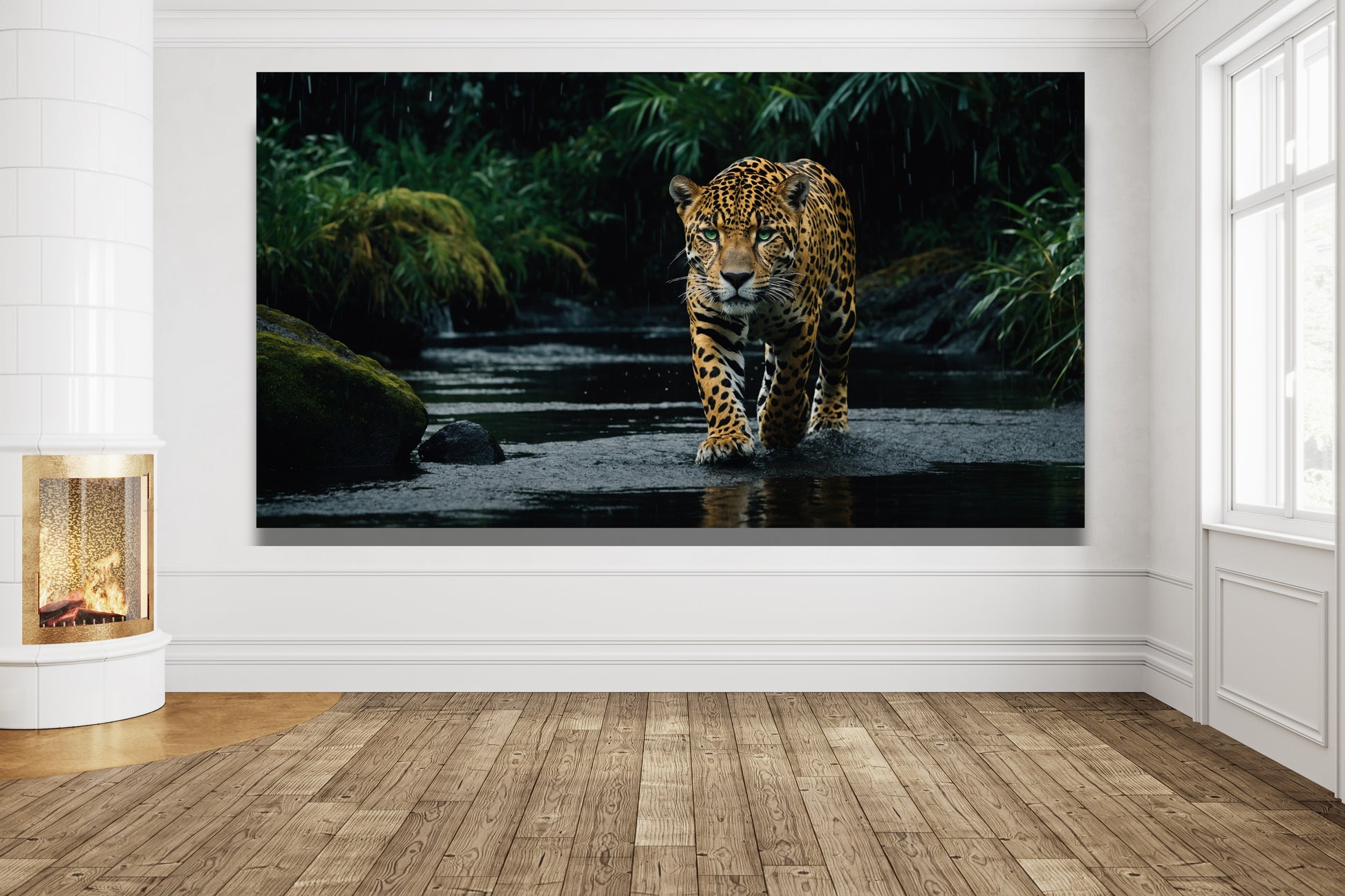 Poster eines Jaguars mit grünen Augen in dunklem Wasser an weißer Wand mit einem Kamin über einem Holzfußboden