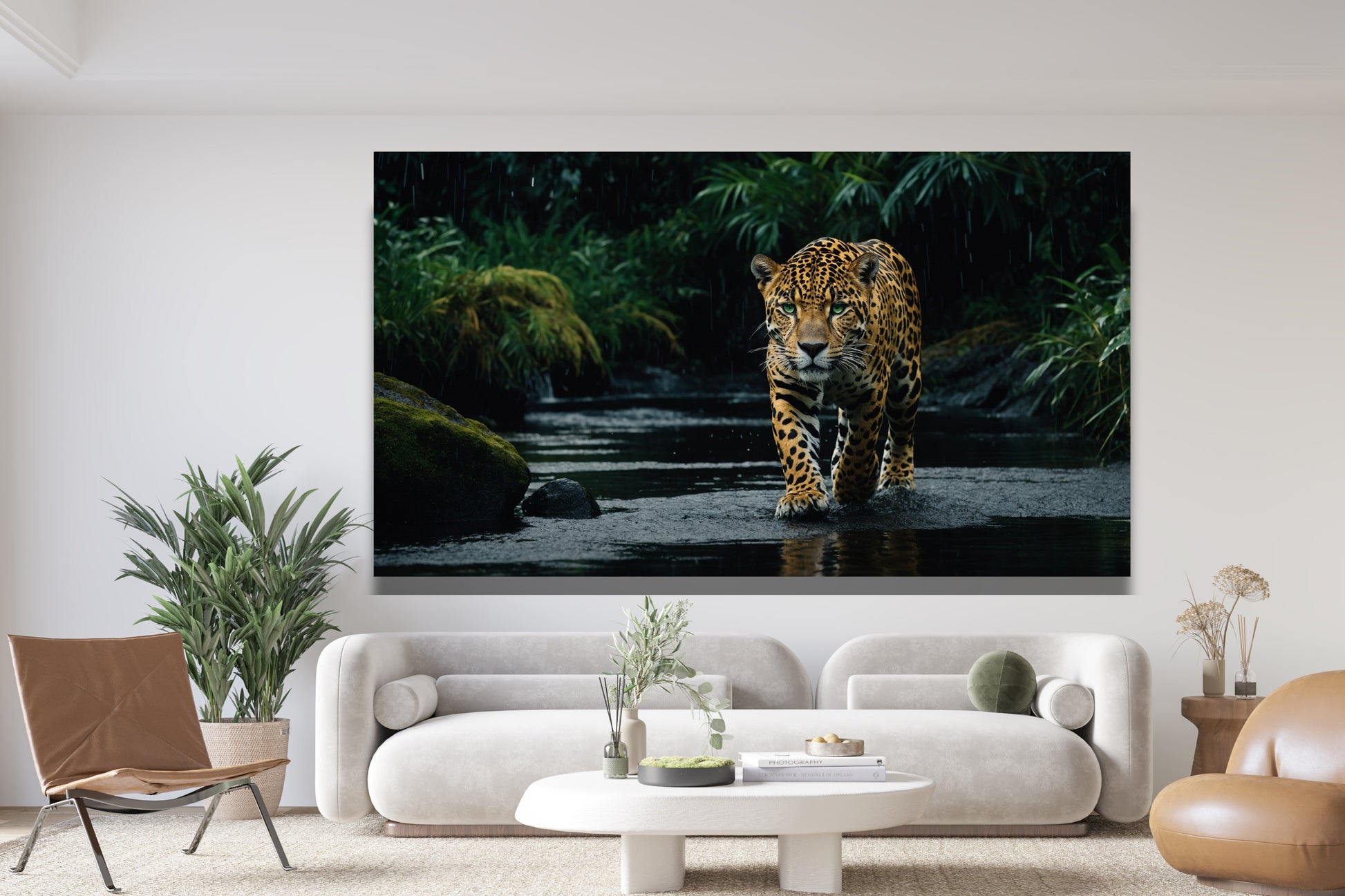 Poster eines Jaguars mit grünen Augen in dunklem Wasser an heller Wand über hellem Sofa, braunem Ledersessel und braunem Stuhl