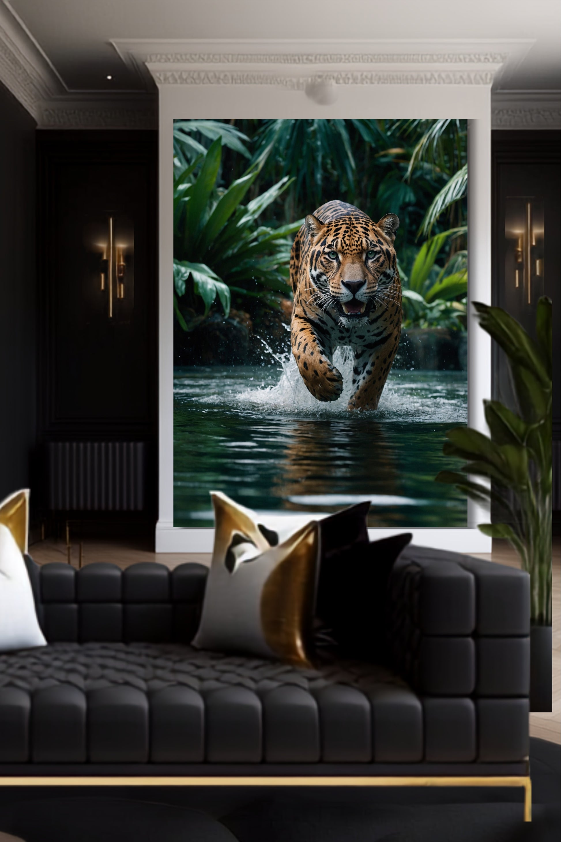 Poster eines kraftvollen Jaguars im Wasser an einer weißen Säule zwischen zwei goldfarbenen Wandleuchten über einem schwarzen Sofa mit goldfarbenen Kissen in elegantem Wohnzimmer