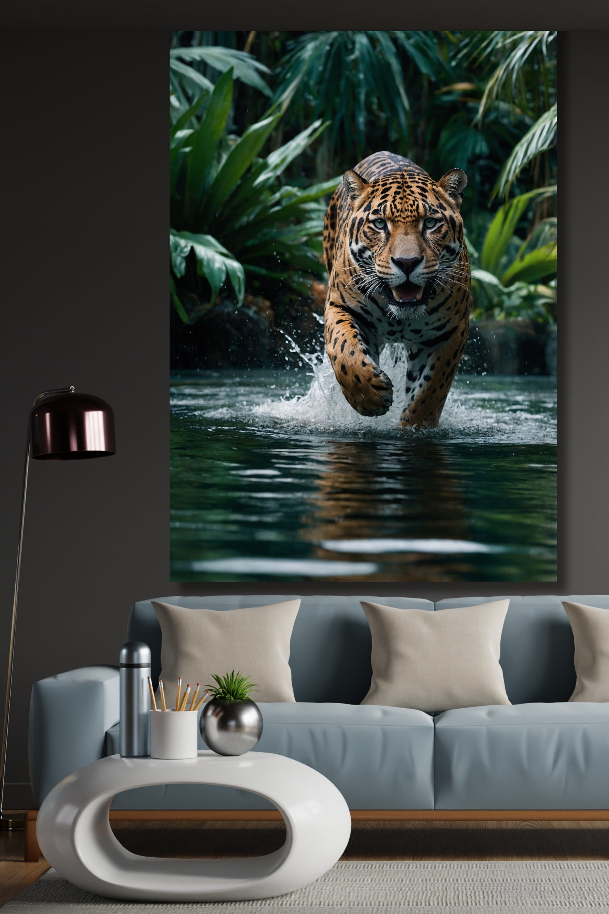 Poster eines kraftvollen Jaguars an einer dunklen Wand über einem hellblauen Sofa, einer Stehlampe und einem weißen Couchtisch in einem modernen Wohnzimmer
