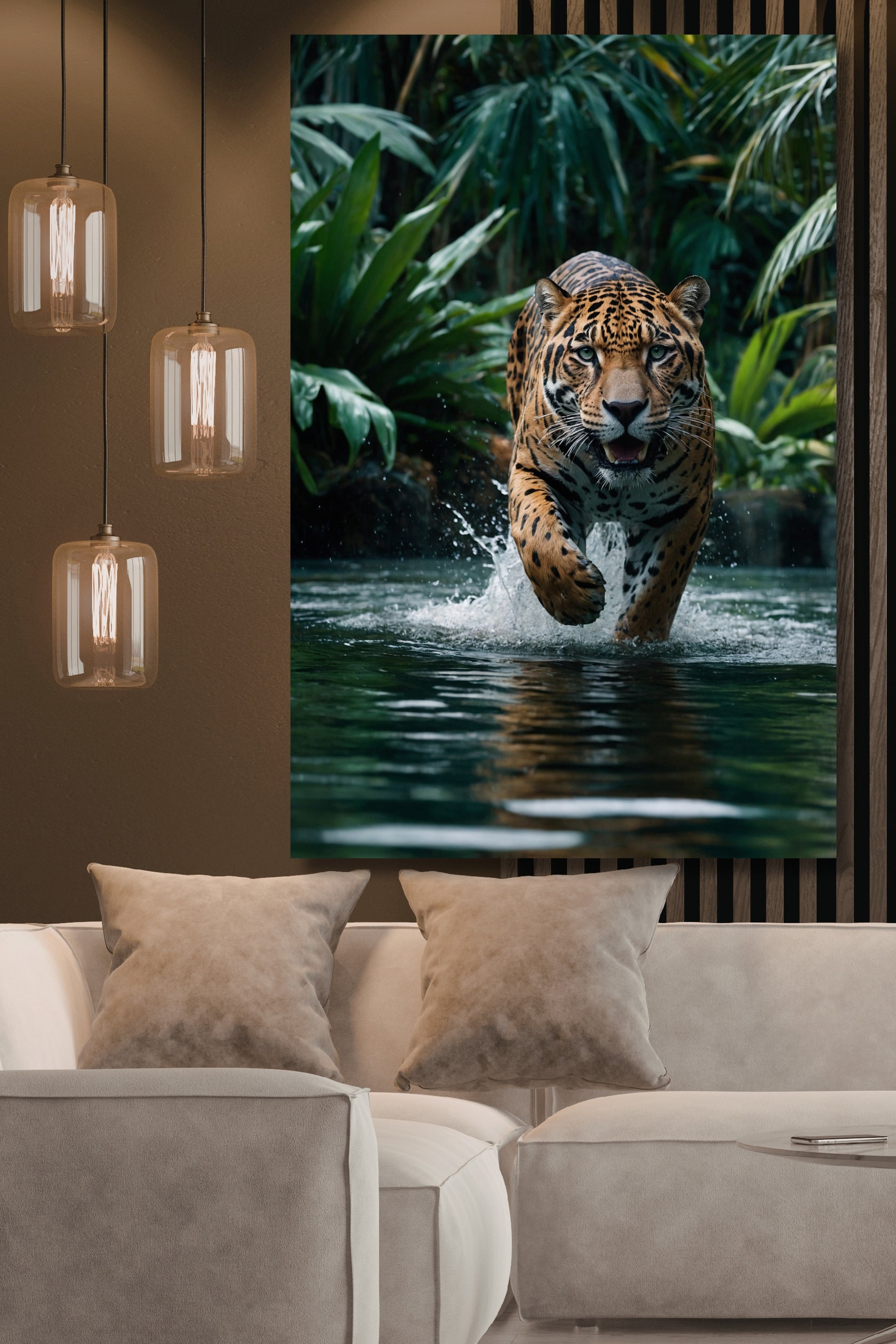 Poster eines kraftvollen Jaguars im Wasser an einer Wand mit Holzlamellen und drei Pendelleuchten über einem hellen Sofa