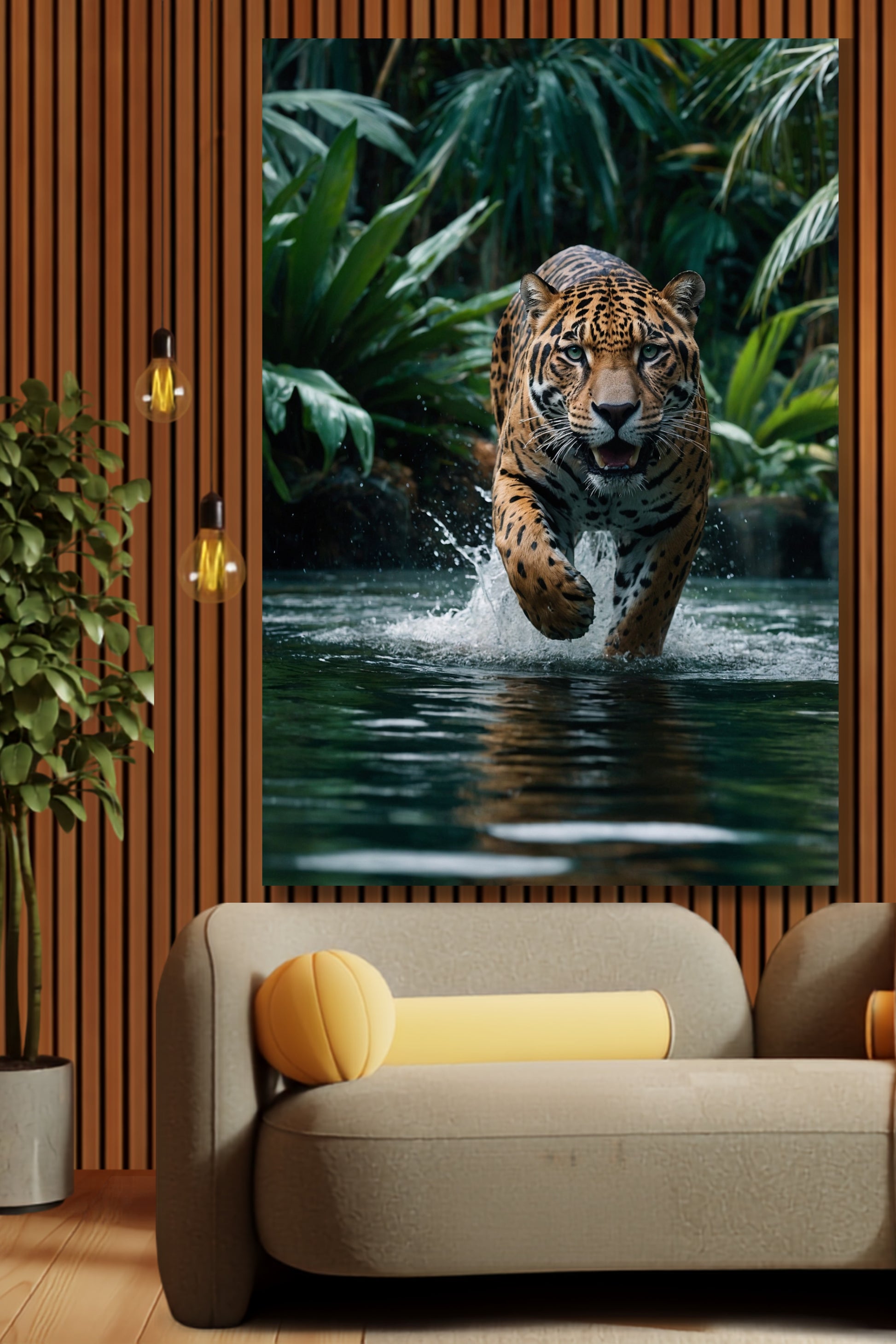 Poster eines kraftvollen Jaguars im Wasser an einer Wand aus Holzpaneelen neben zwei Pendelleuchten über einem hellen Sofa in einem modernen Wohnzimmer