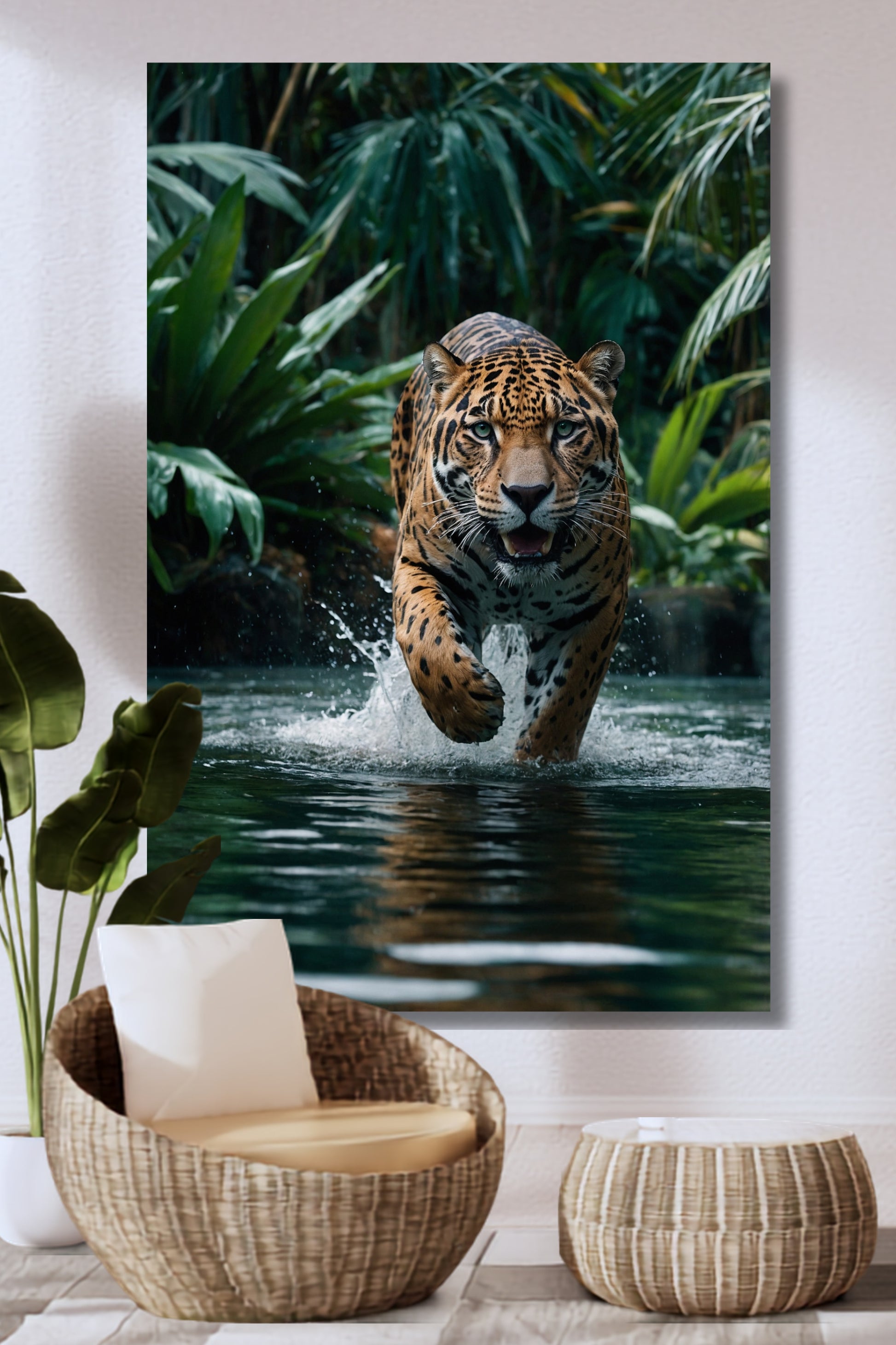 Poster eines kraftvollen Jaguars im Wasser an einer weißen Wand über einem Korbsessel, einem Korbtisch und einer Grünpflanze in einem gemütlichen Loungebereich