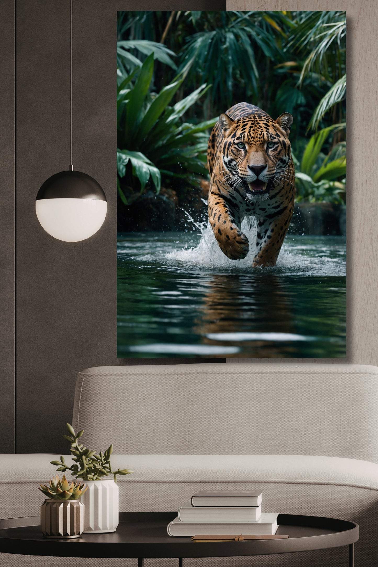 Poster eines kraftvollen Jaguars im Wasser an einer dunklen Wand neben einer weißen Pendelleuchte über einem weißen Korbsofa 