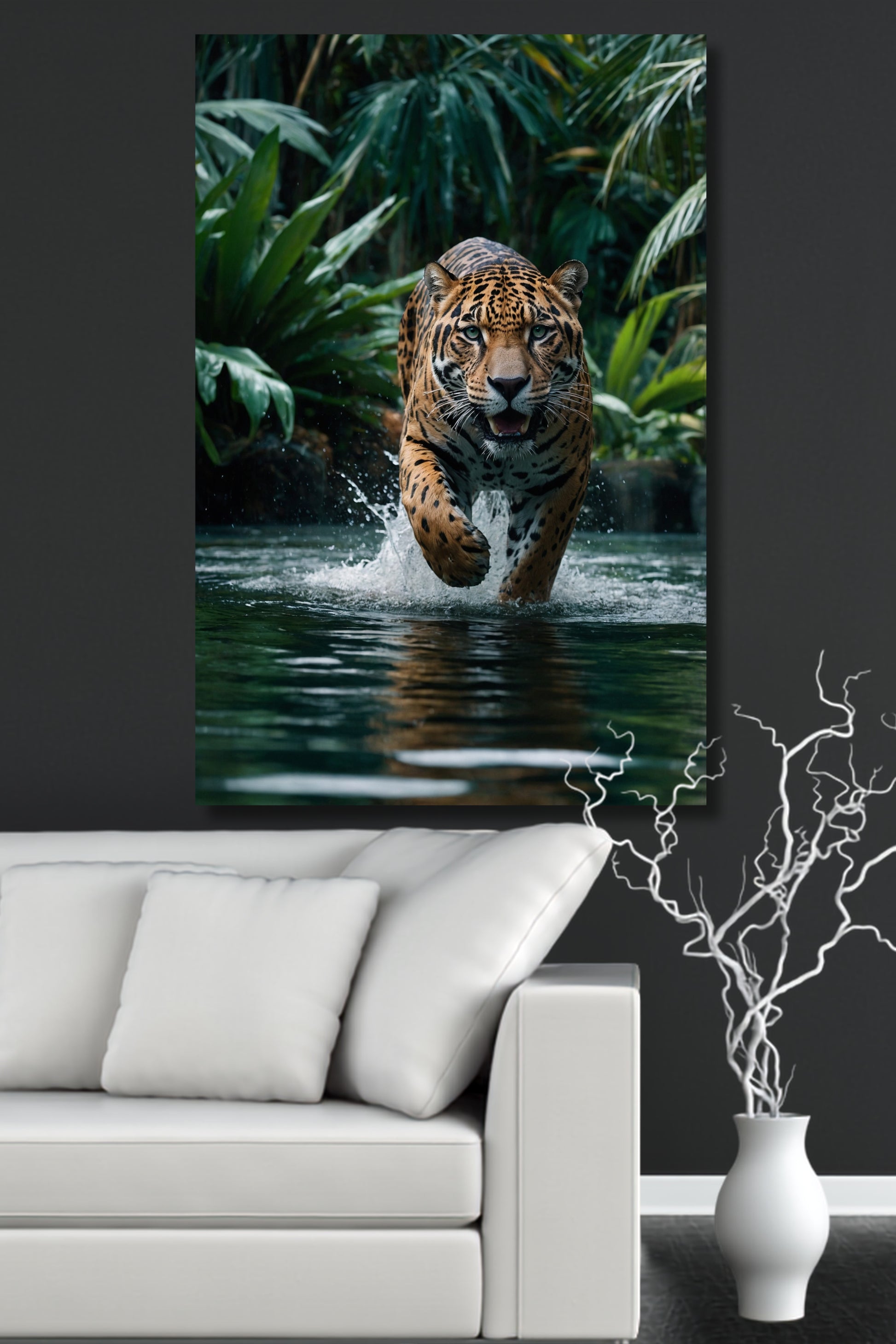 Poster eines kraftvollen Jaguars im Wasser an einer dunklen Wand über einem weißen Sofa in einem modernen Wohnzimmer
