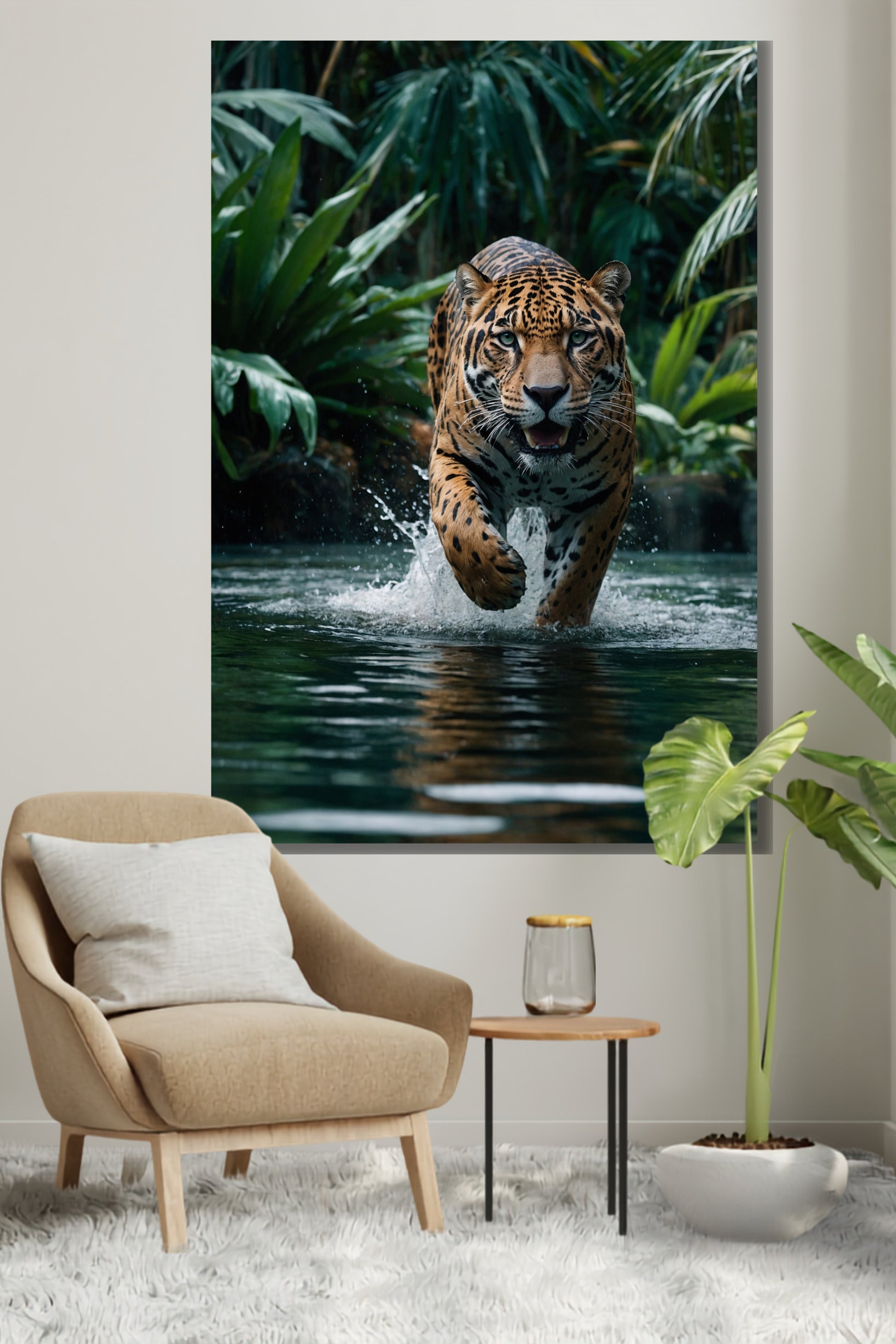 Poster eines kraftvollen Jaguars im Wasser an einer hellen Wand über einem beigefarbenen Sessel und einem Beistelltisch mit Dekoration und einer Grünpflanze in einem modernen Wohnzimmer