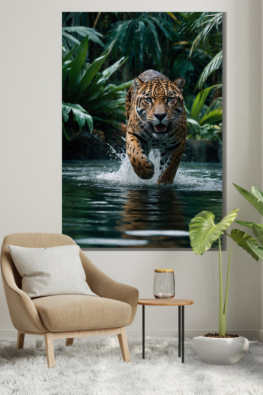 Poster eines kraftvollen Jaguars im Wasser an einer hellen Wand über einem beigefarbenen Sessel und einem Beistelltisch mit Dekoration und einer Grünpflanze in einem modernen Wohnzimmer