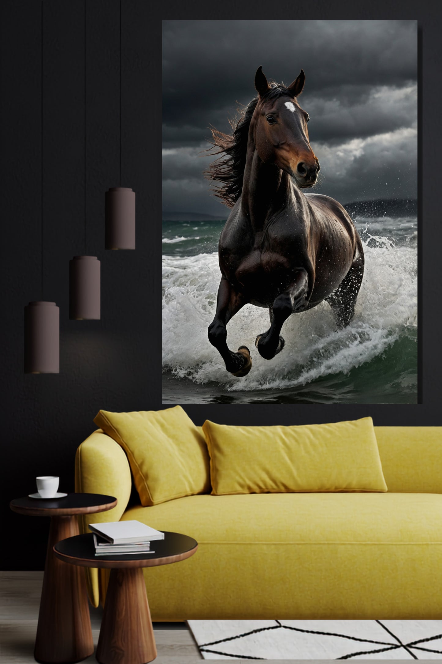 Poster eines Pferdes in den Wellen an einer dunklen Wand neben drei braunen Pendelleuchten über einem gelben Sofa in einem modernem Wohnzimmer