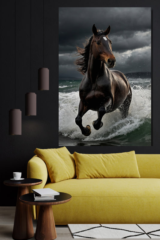 Poster eines Pferdes in den Wellen an einer dunklen Wand neben drei braunen Pendelleuchten über einem gelben Sofa in einem modernem Wohnzimmer