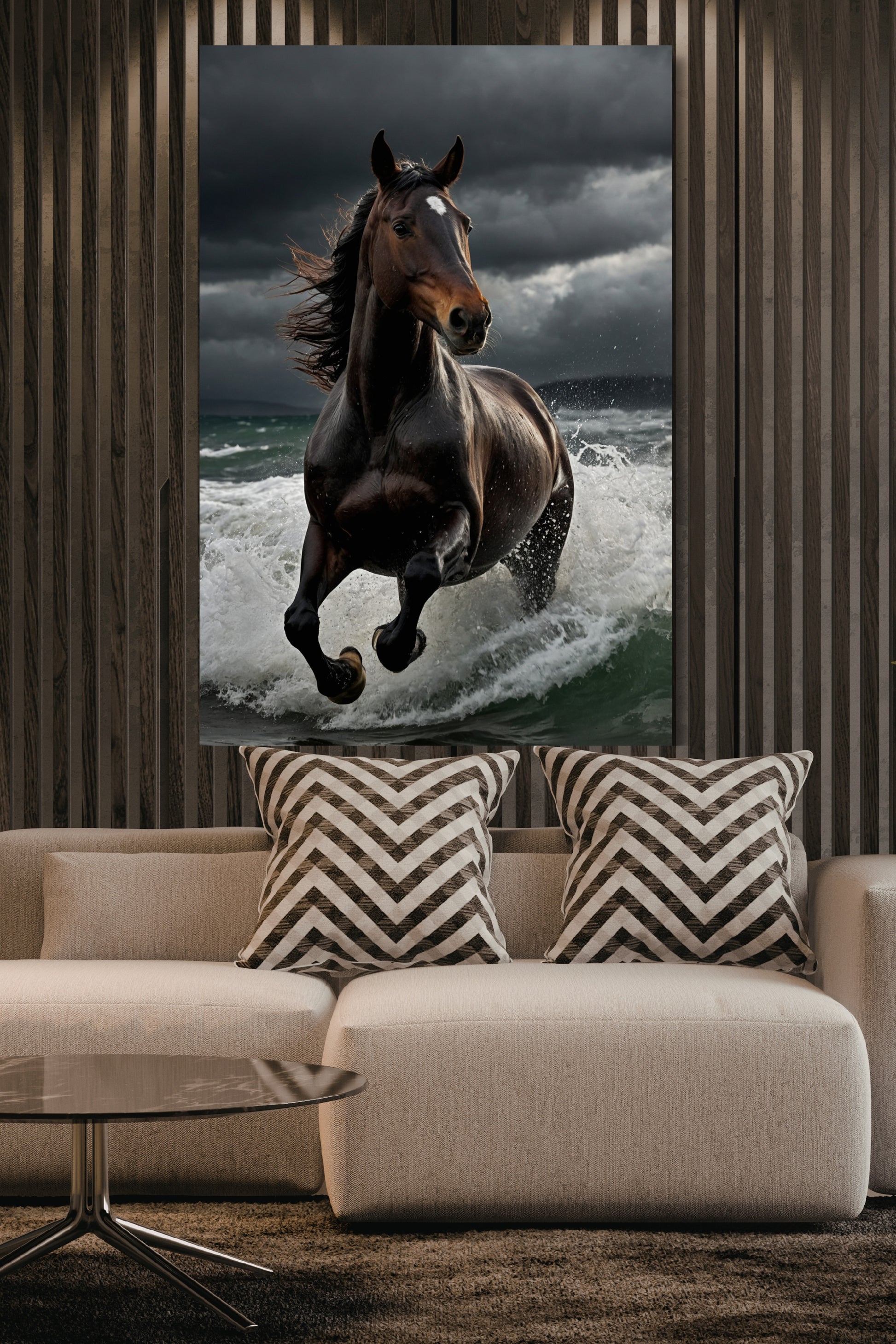 Poster eines Pferdes in den Wellen an einer Wand aus Holzlamellen über einem hellen Sofa mit zwei großen Kissen in einem modernen Wohnzimmer