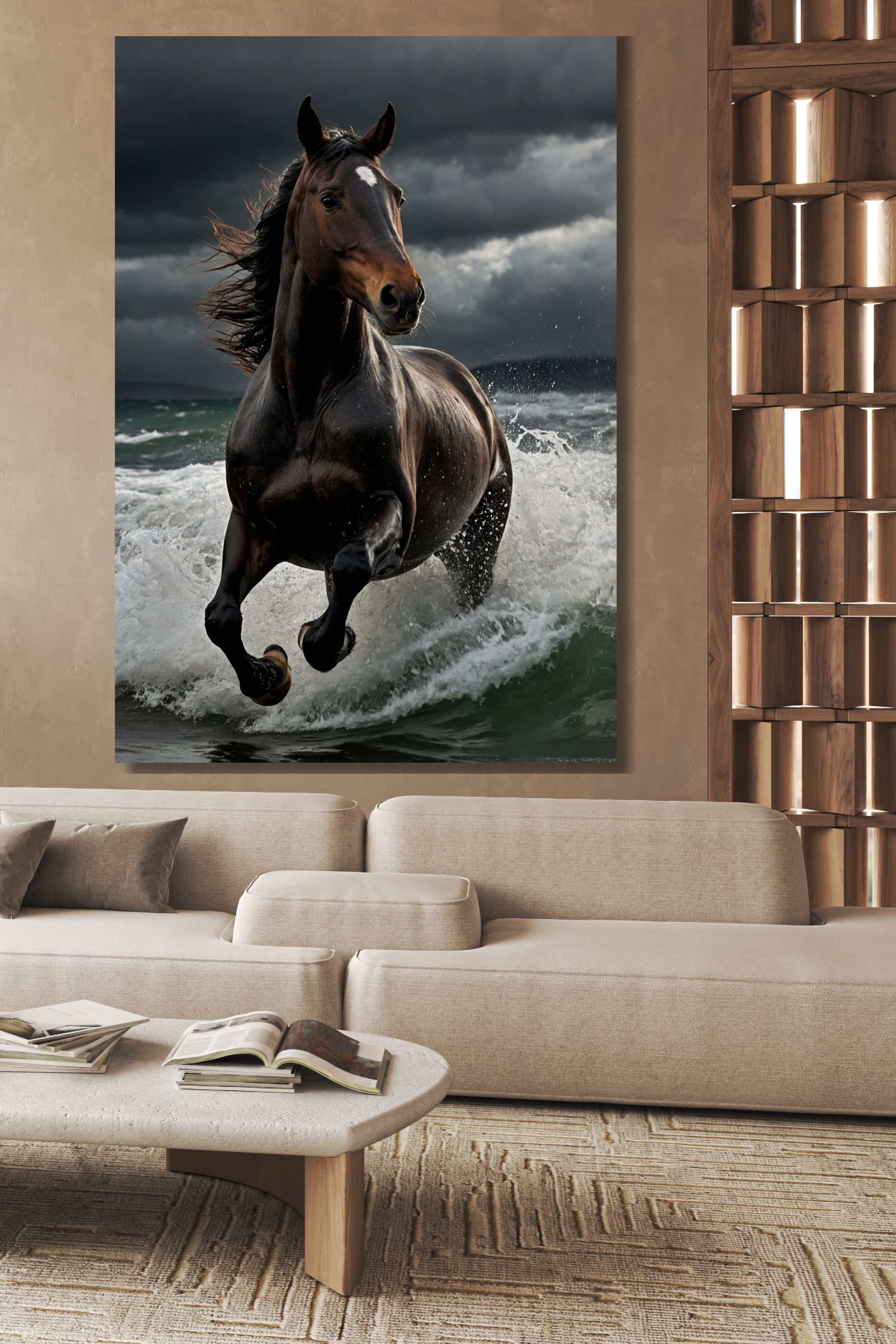 Poster eines Pferdes in den Wellen an einer hellen Wand neben einem großen Holzregal über einem hellen Sofa in einem modernen Wohnzimmer