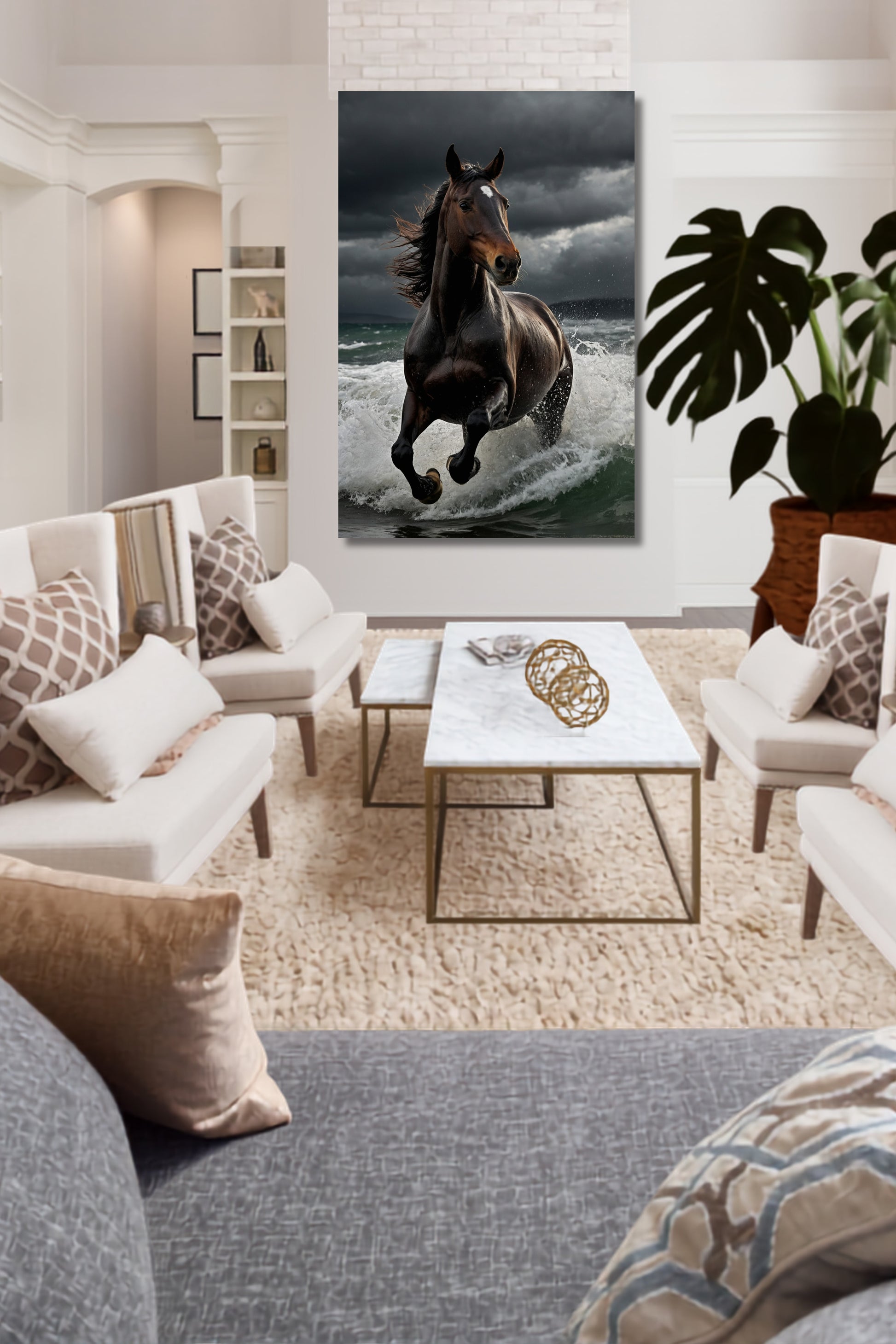 Poster eines Pferdes in den Wellen an einer weißen Säule vor einer großen weißen Wohnlandschaft mit vielen Kissen in einem eleganten Wohnzimmer