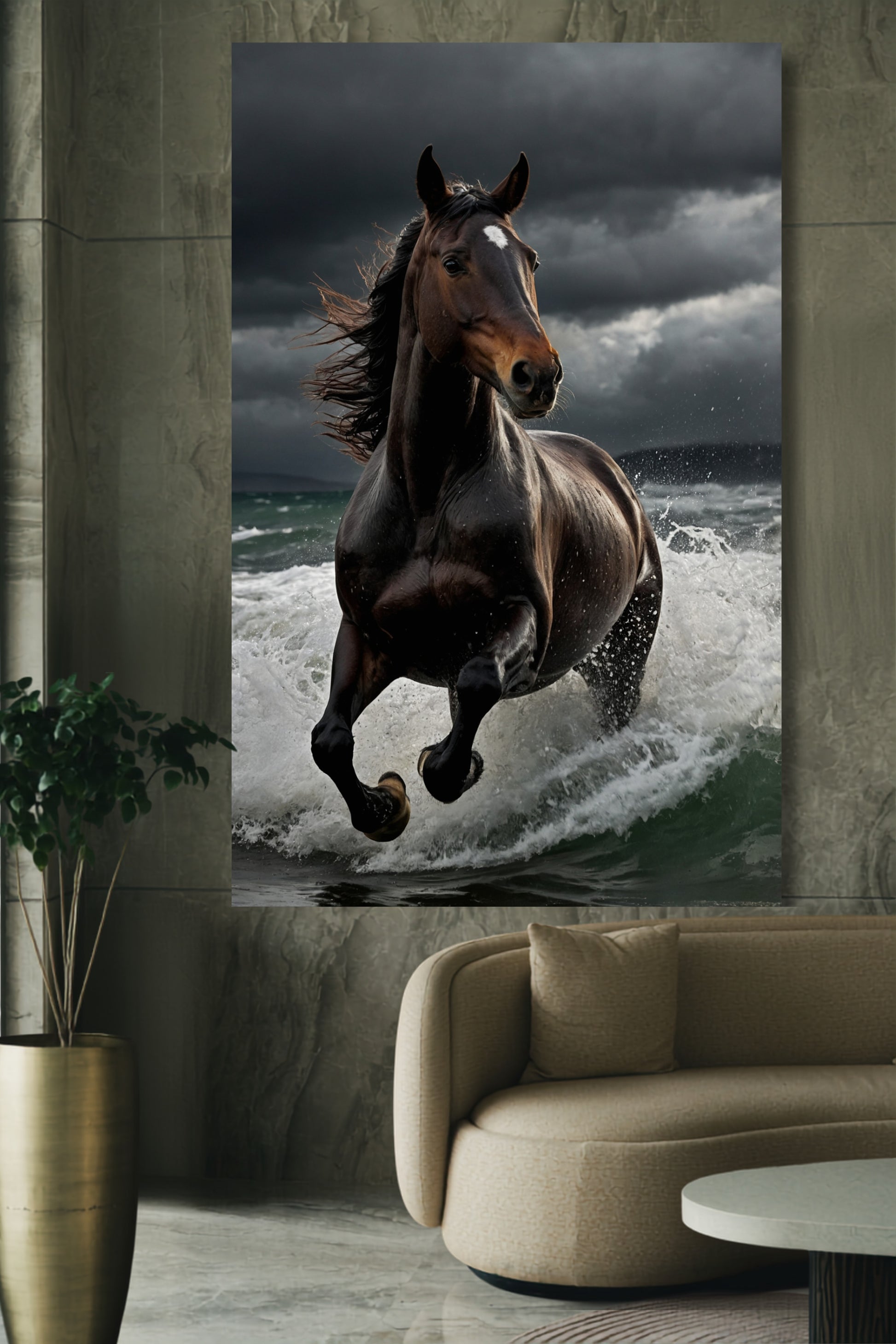 Poster eines Pferdes in den Wellen an einer hellgrünen Wand über einem hellen Sofa in einem eleganten Wohnzimmer